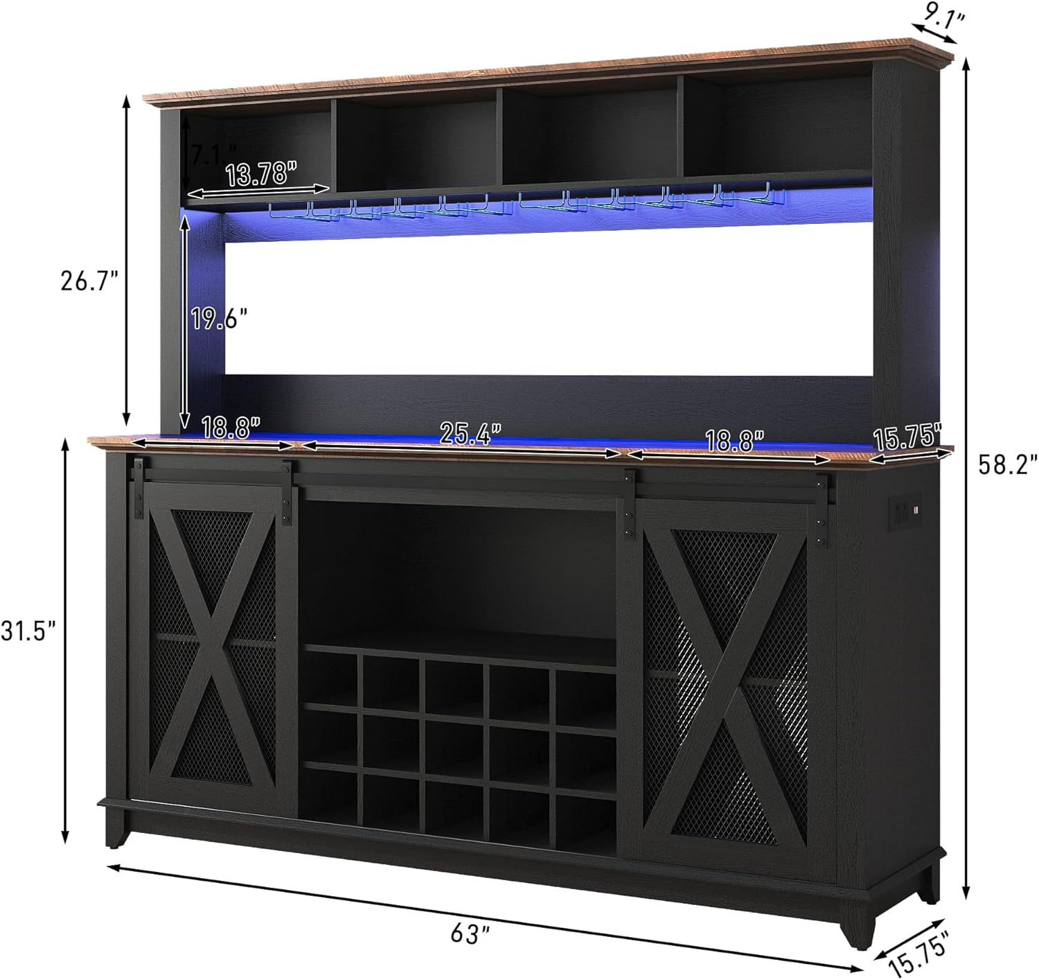 ANPOO 63"W Farmhouse Coffee Bar Cabinet with Power Outlet and LED Light, 58"H Wine Bar Cabinet with 4 Tier Storage Hutch, Kitchen Buffet Cabinet with 15 Wine and Glass Racks for Kitchen Dining Room