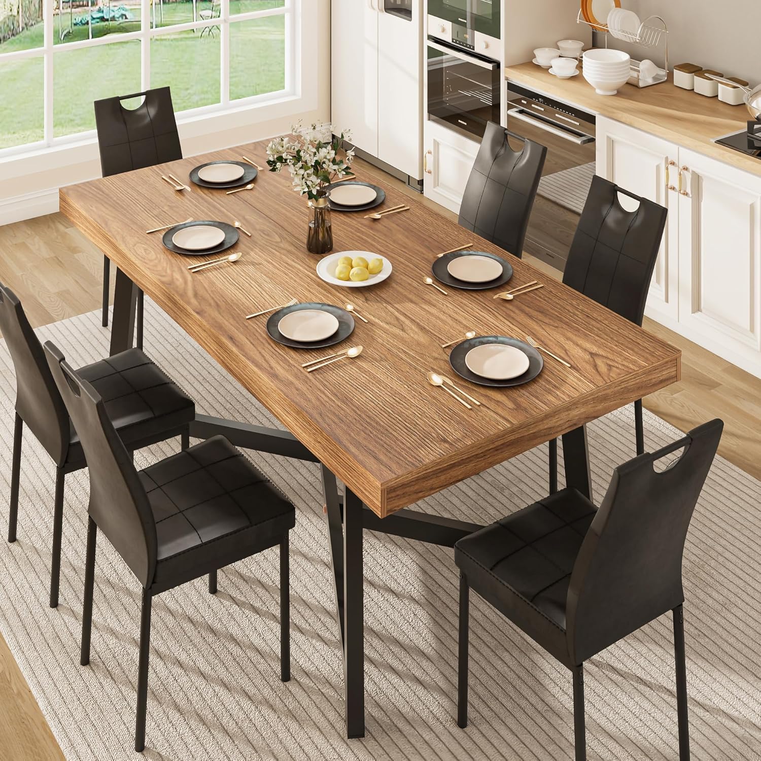 ANPOO 7 Pieces Dining Table & Chairs Set for 4-8 People, 71 Inch Kitchen Table with 6 Chairs, Rectangle Dining Table with Metal Legs for Dining Room, Living Room