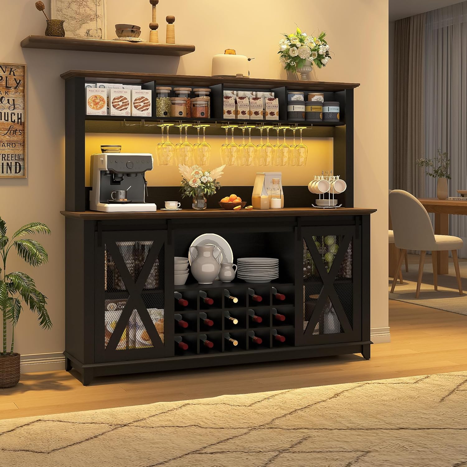 ANPOO 63"W Farmhouse Coffee Bar Cabinet with Power Outlet and LED Light, 58"H Wine Bar Cabinet with 4 Tier Storage Hutch, Kitchen Buffet Cabinet with 15 Wine and Glass Racks for Kitchen Dining Room