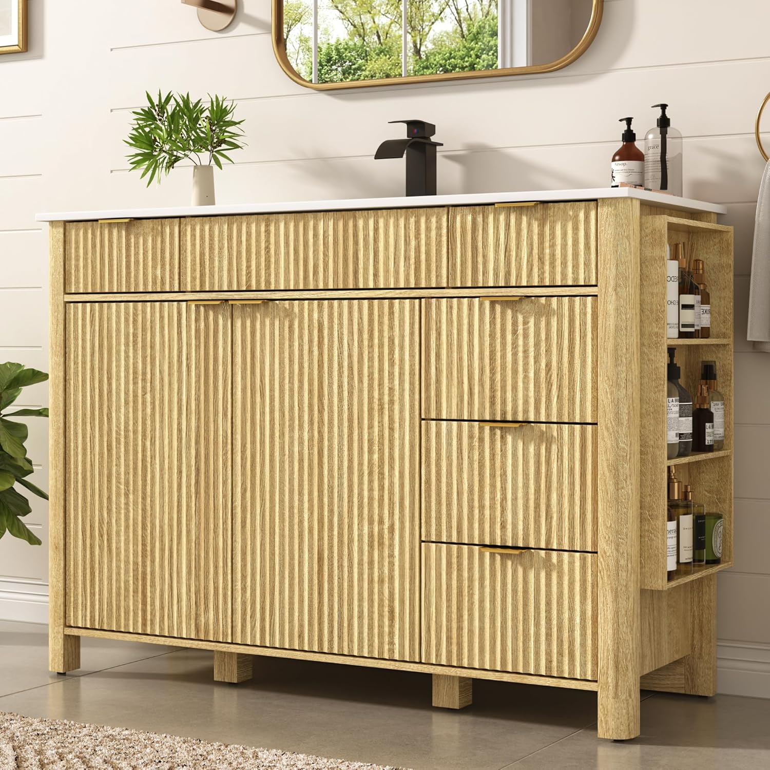 ANPOO 48" Bathroom Vanity with Sink & Faucet & Sewer Pipes, Mid-Century Modern Vanity with Basin and Fluted Soft-Close Doors, Freestanding Bath Storage Vanity Sink Combo Set
