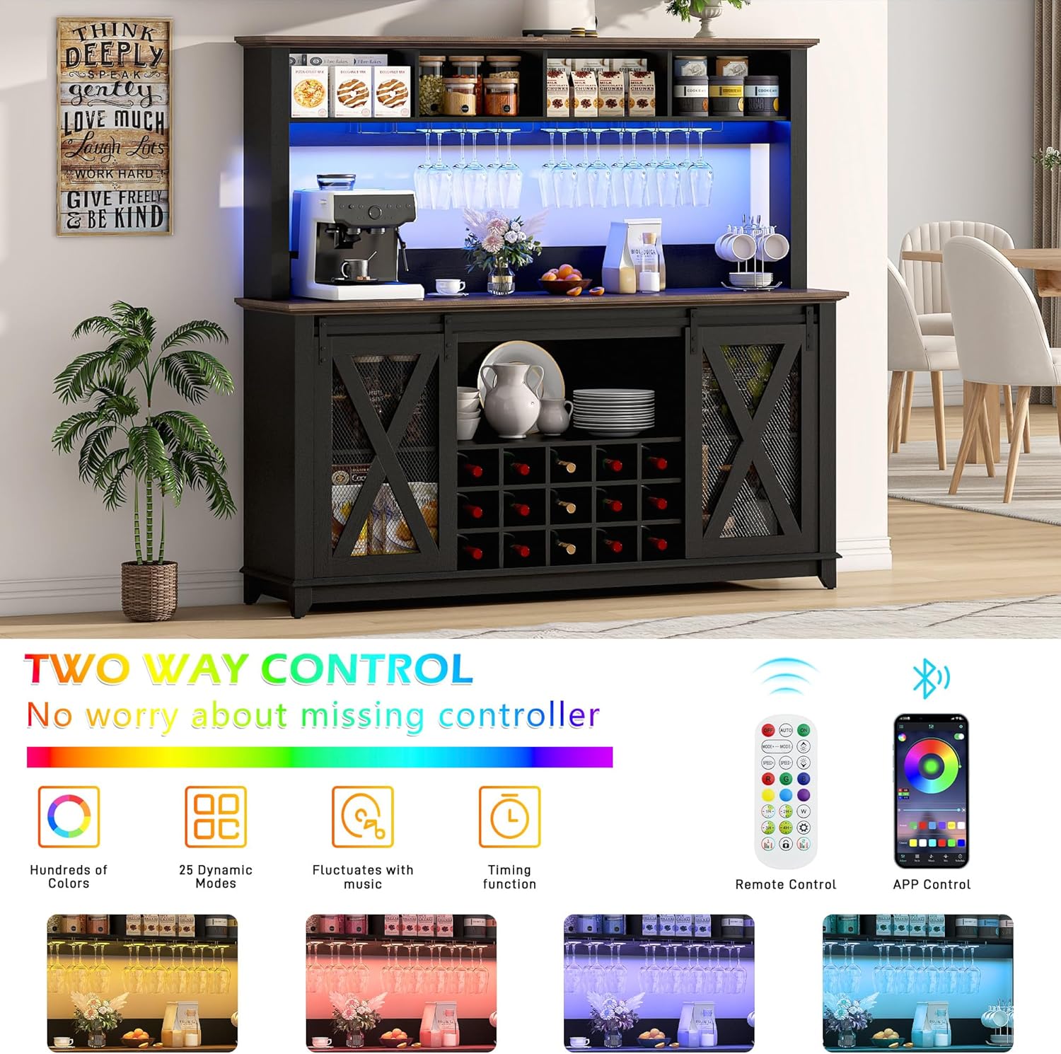 ANPOO 63"W Farmhouse Coffee Bar Cabinet with Power Outlet and LED Light, 58"H Wine Bar Cabinet with 4 Tier Storage Hutch, Kitchen Buffet Cabinet with 15 Wine and Glass Racks for Kitchen Dining Room