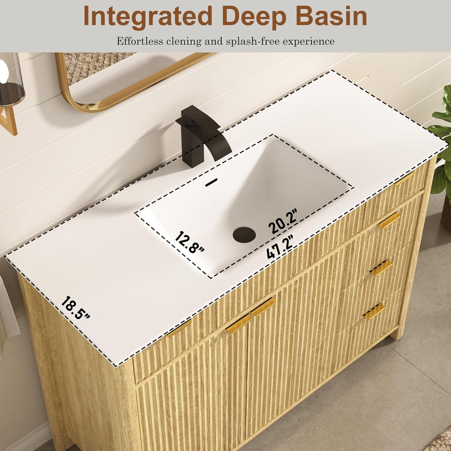 ANPOO 48" Bathroom Vanity with Sink & Faucet & Sewer Pipes, Mid-Century Modern Vanity with Basin and Fluted Soft-Close Doors, Freestanding Bath Storage Vanity Sink Combo Set