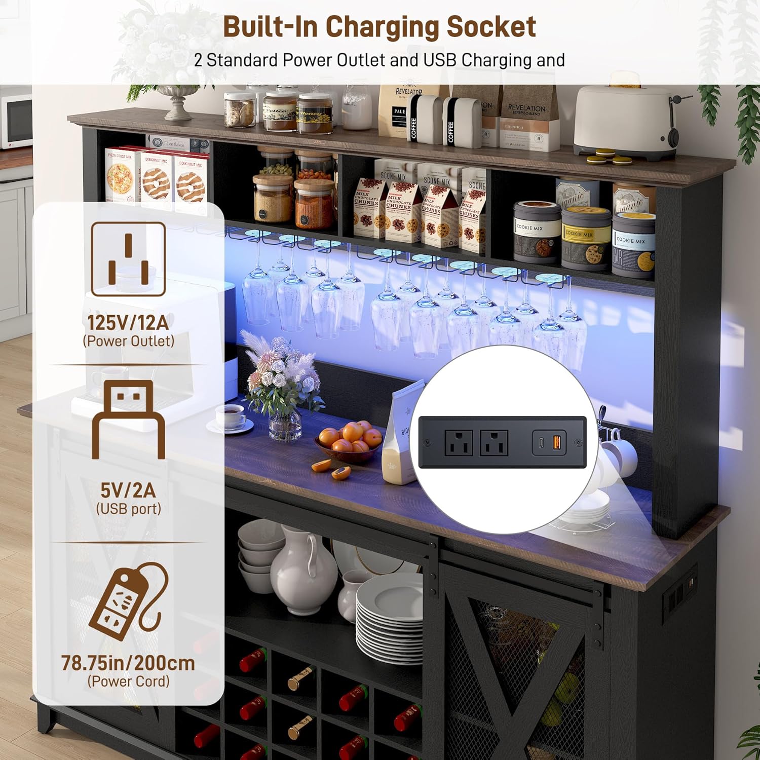 ANPOO 63"W Farmhouse Coffee Bar Cabinet with Power Outlet and LED Light, 58"H Wine Bar Cabinet with 4 Tier Storage Hutch, Kitchen Buffet Cabinet with 15 Wine and Glass Racks for Kitchen Dining Room