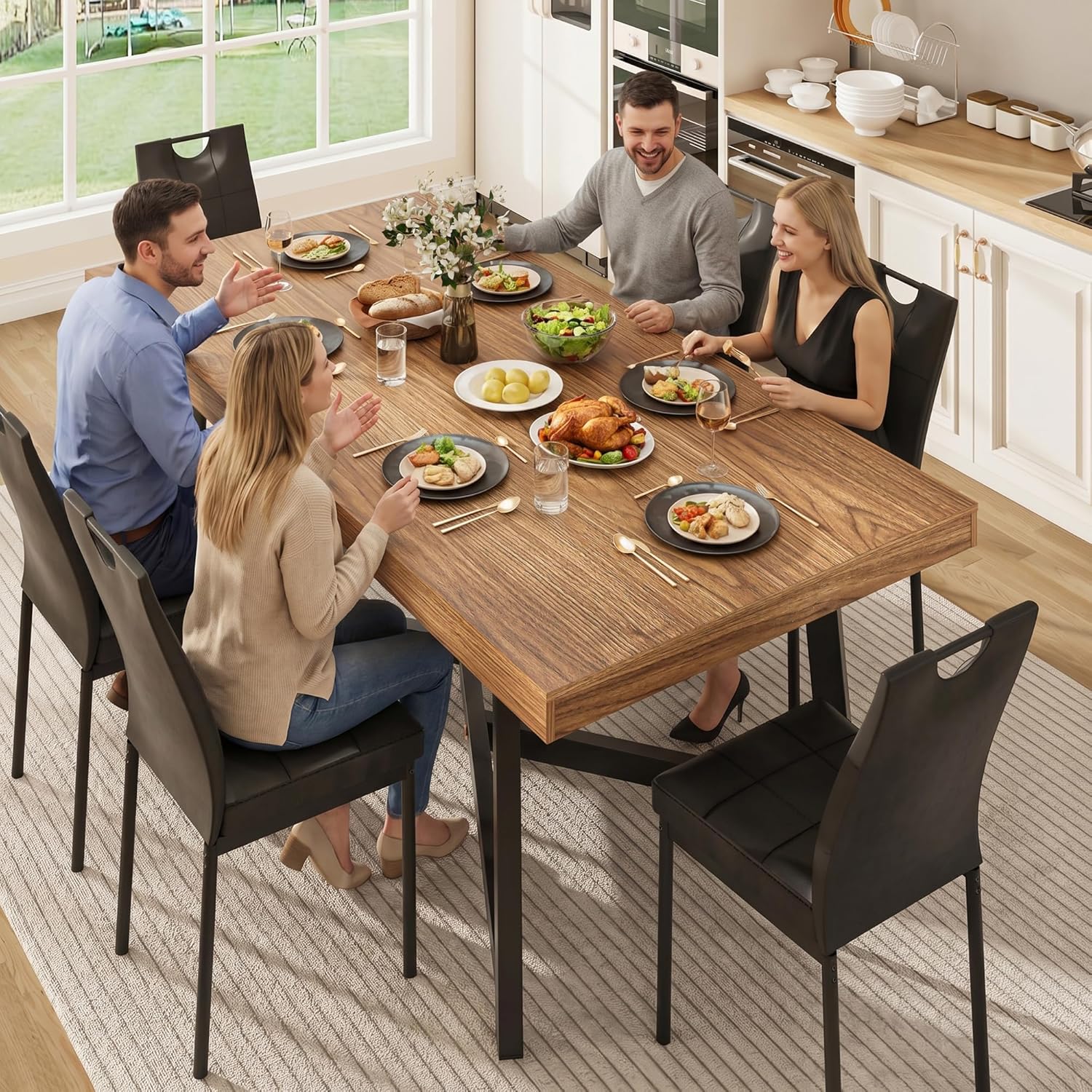 ANPOO 7 Pieces Dining Table & Chairs Set for 4-8 People, 71 Inch Kitchen Table with 6 Chairs, Rectangle Dining Table with Metal Legs for Dining Room, Living Room