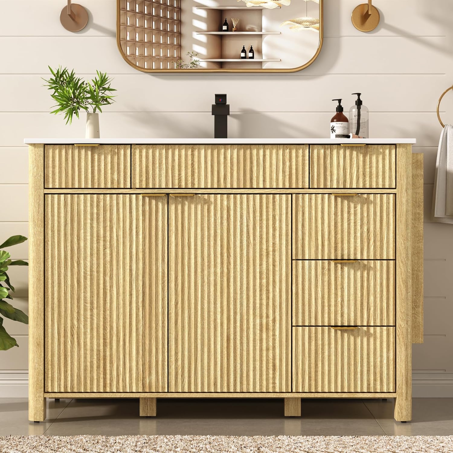 ANPOO 48" Bathroom Vanity with Sink & Faucet & Sewer Pipes, Mid-Century Modern Vanity with Basin and Fluted Soft-Close Doors, Freestanding Bath Storage Vanity Sink Combo Set