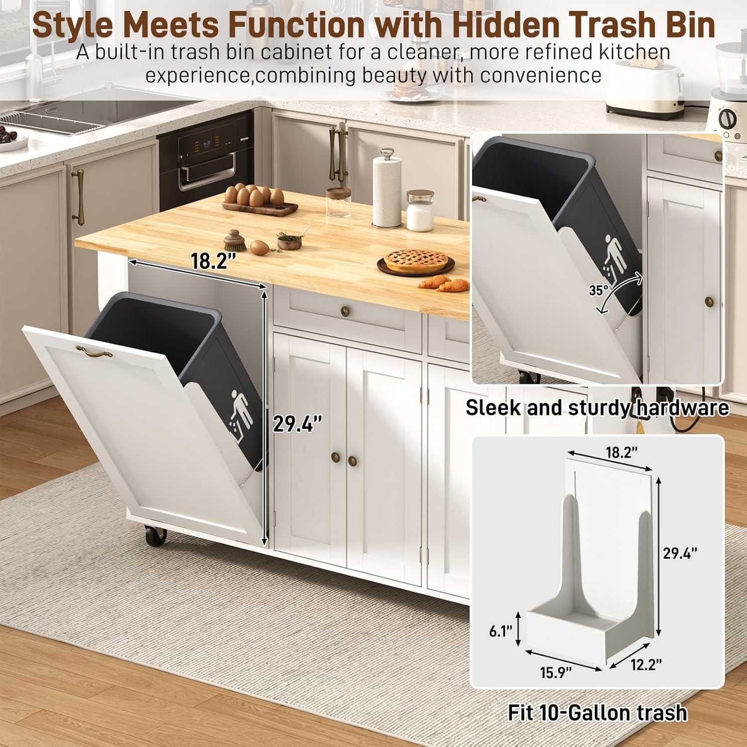 ANPOO 67" Rolling Kitchen Island with Drop Leaf, Tilt Out Kitchen Trash Cabinet 10 Gallon Storage, Kitchen Cart Island with Rubber wood Top, Spice Rack and Drawers