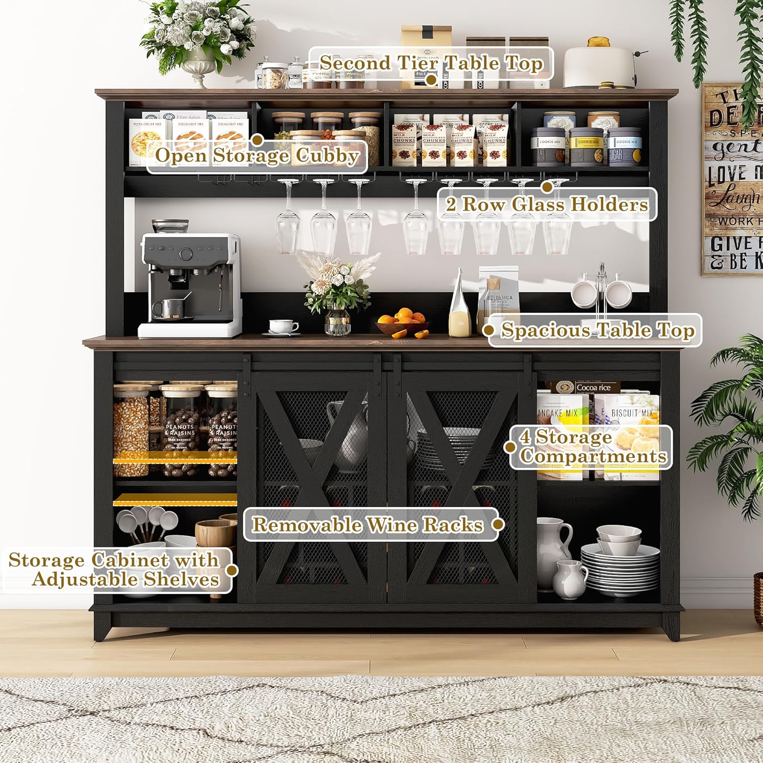 ANPOO 63"W Farmhouse Coffee Bar Cabinet with Power Outlet and LED Light, 58"H Wine Bar Cabinet with 4 Tier Storage Hutch, Kitchen Buffet Cabinet with 15 Wine and Glass Racks for Kitchen Dining Room