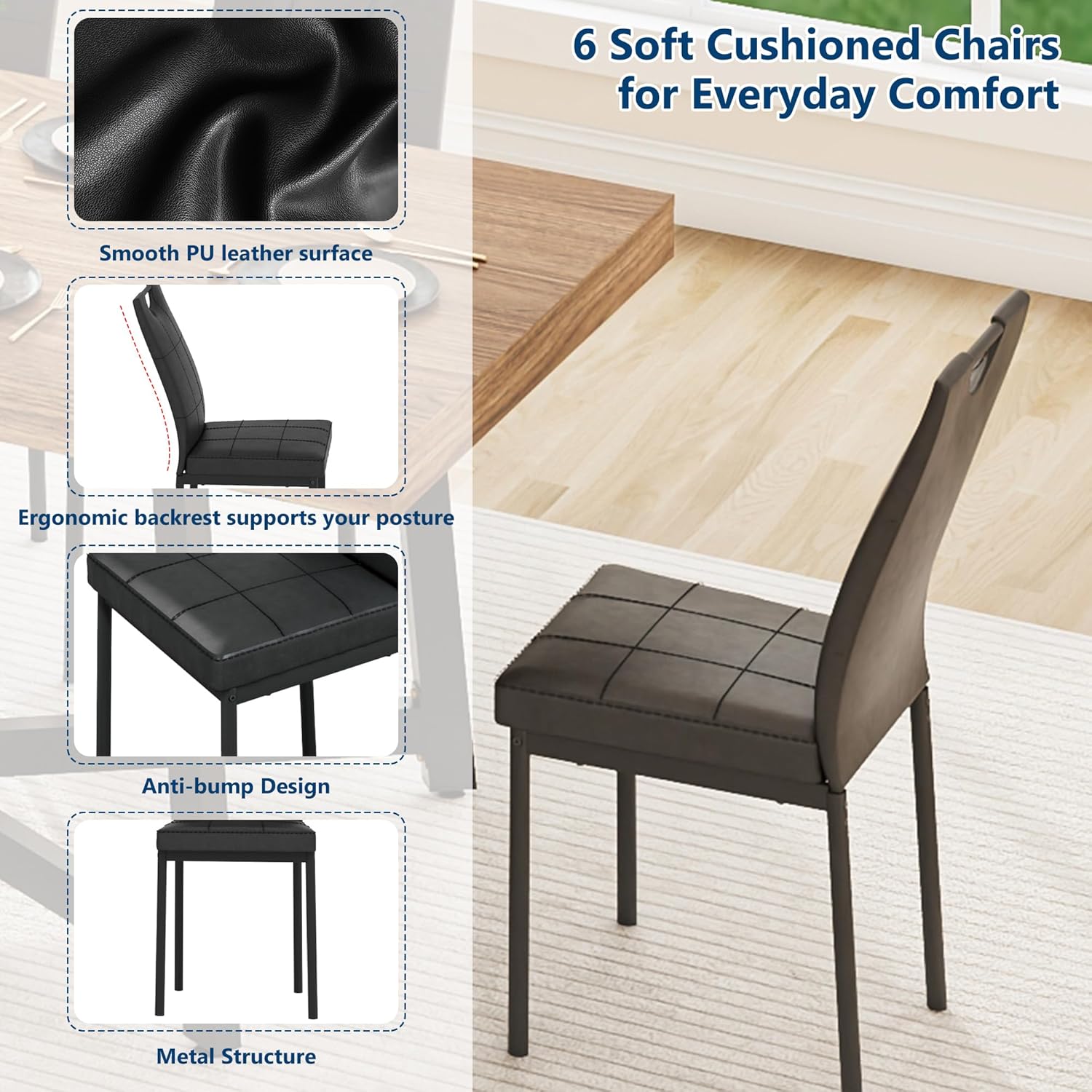 ANPOO 7 Pieces Dining Table & Chairs Set for 4-8 People, 71 Inch Kitchen Table with 6 Chairs, Rectangle Dining Table with Metal Legs for Dining Room, Living Room