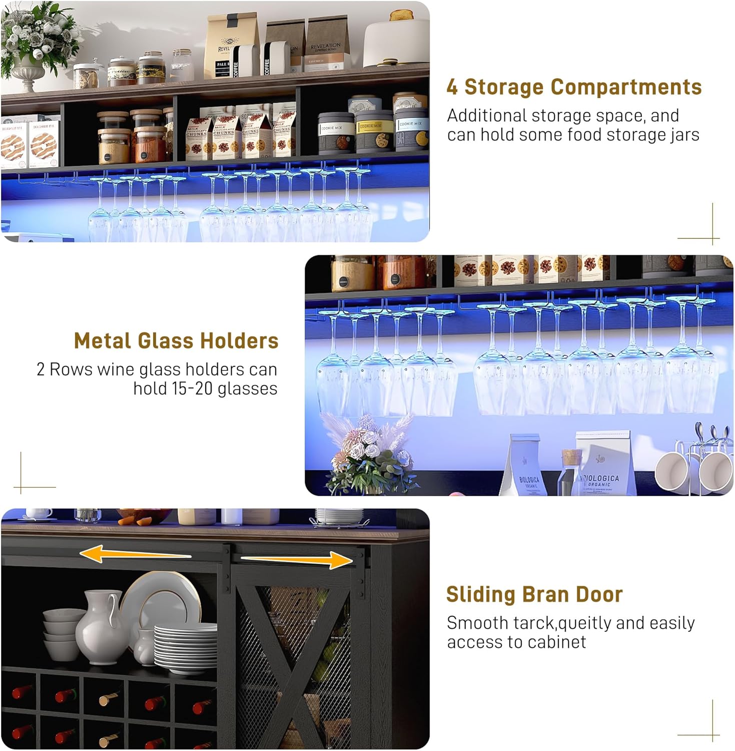ANPOO 63"W Farmhouse Coffee Bar Cabinet with Power Outlet and LED Light, 58"H Wine Bar Cabinet with 4 Tier Storage Hutch, Kitchen Buffet Cabinet with 15 Wine and Glass Racks for Kitchen Dining Room