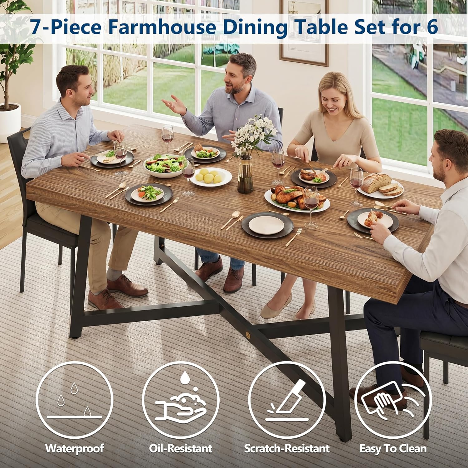 ANPOO 7 Pieces Dining Table & Chairs Set for 4-8 People, 71 Inch Kitchen Table with 6 Chairs, Rectangle Dining Table with Metal Legs for Dining Room, Living Room