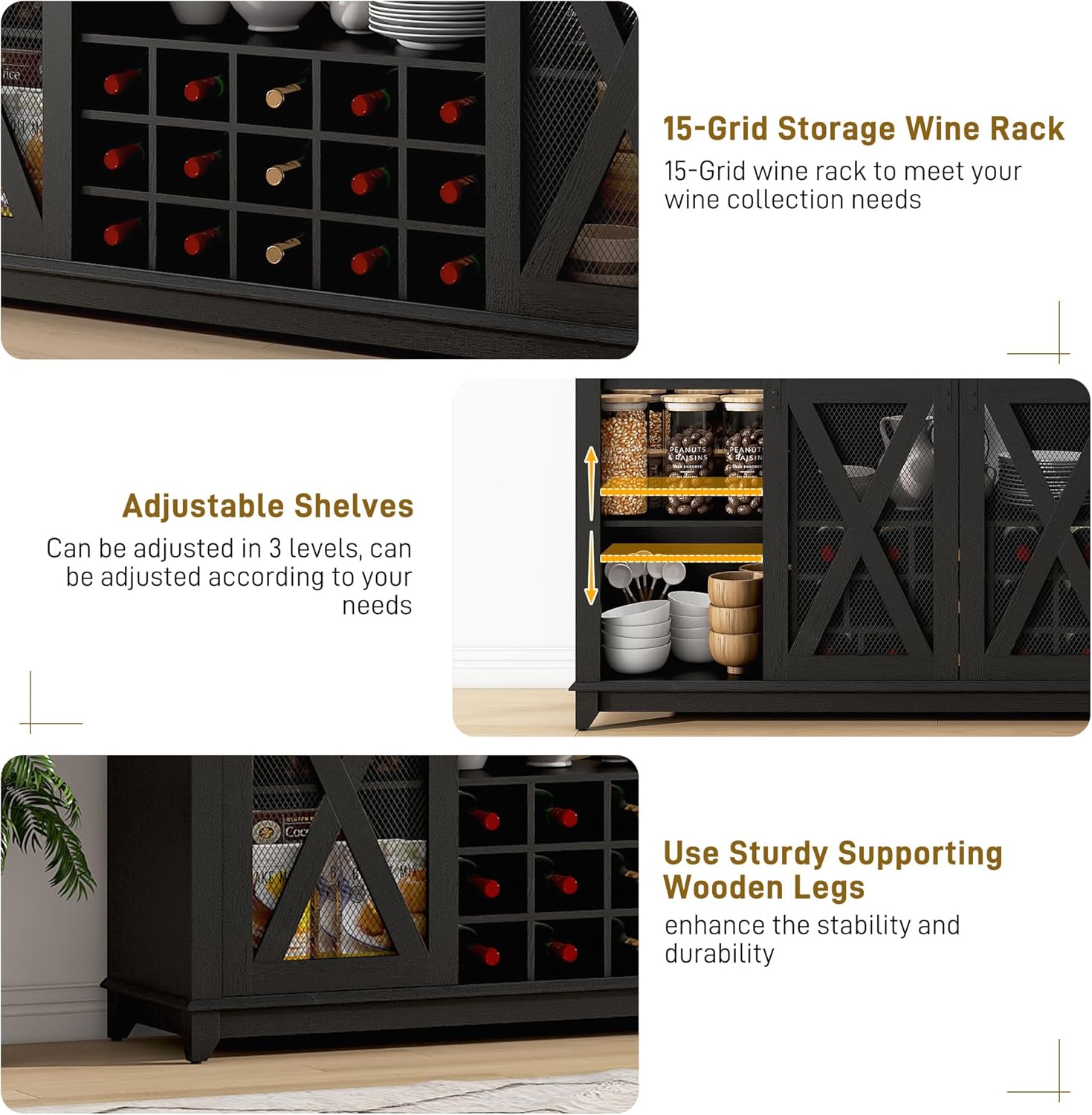 ANPOO 63"W Farmhouse Coffee Bar Cabinet with Power Outlet and LED Light, 58"H Wine Bar Cabinet with 4 Tier Storage Hutch, Kitchen Buffet Cabinet with 15 Wine and Glass Racks for Kitchen Dining Room