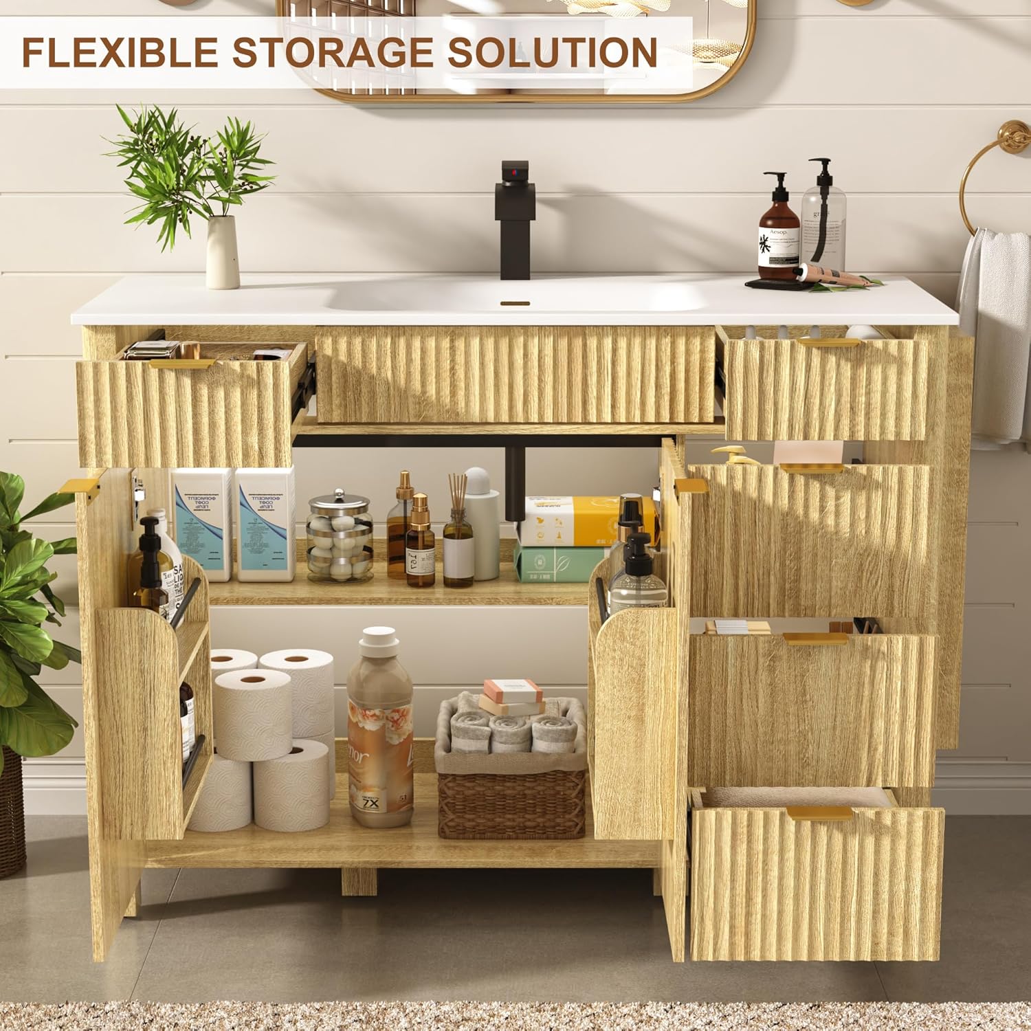 ANPOO 48" Bathroom Vanity with Sink & Faucet & Sewer Pipes, Mid-Century Modern Vanity with Basin and Fluted Soft-Close Doors, Freestanding Bath Storage Vanity Sink Combo Set