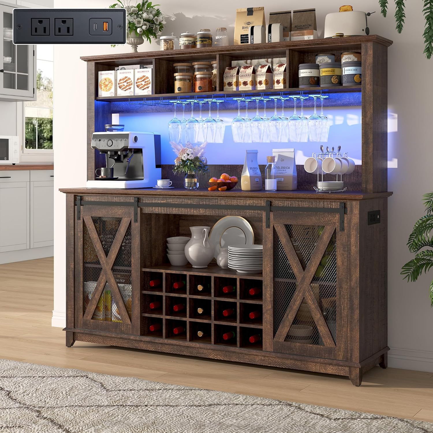 ANPOO 63"W Farmhouse Coffee Bar Cabinet with Power Outlet and LED Light, 58"H Wine Bar Cabinet with 4 Tier Storage Hutch, Kitchen Buffet Cabinet with 15 Wine and Glass Racks for Kitchen Dining Room