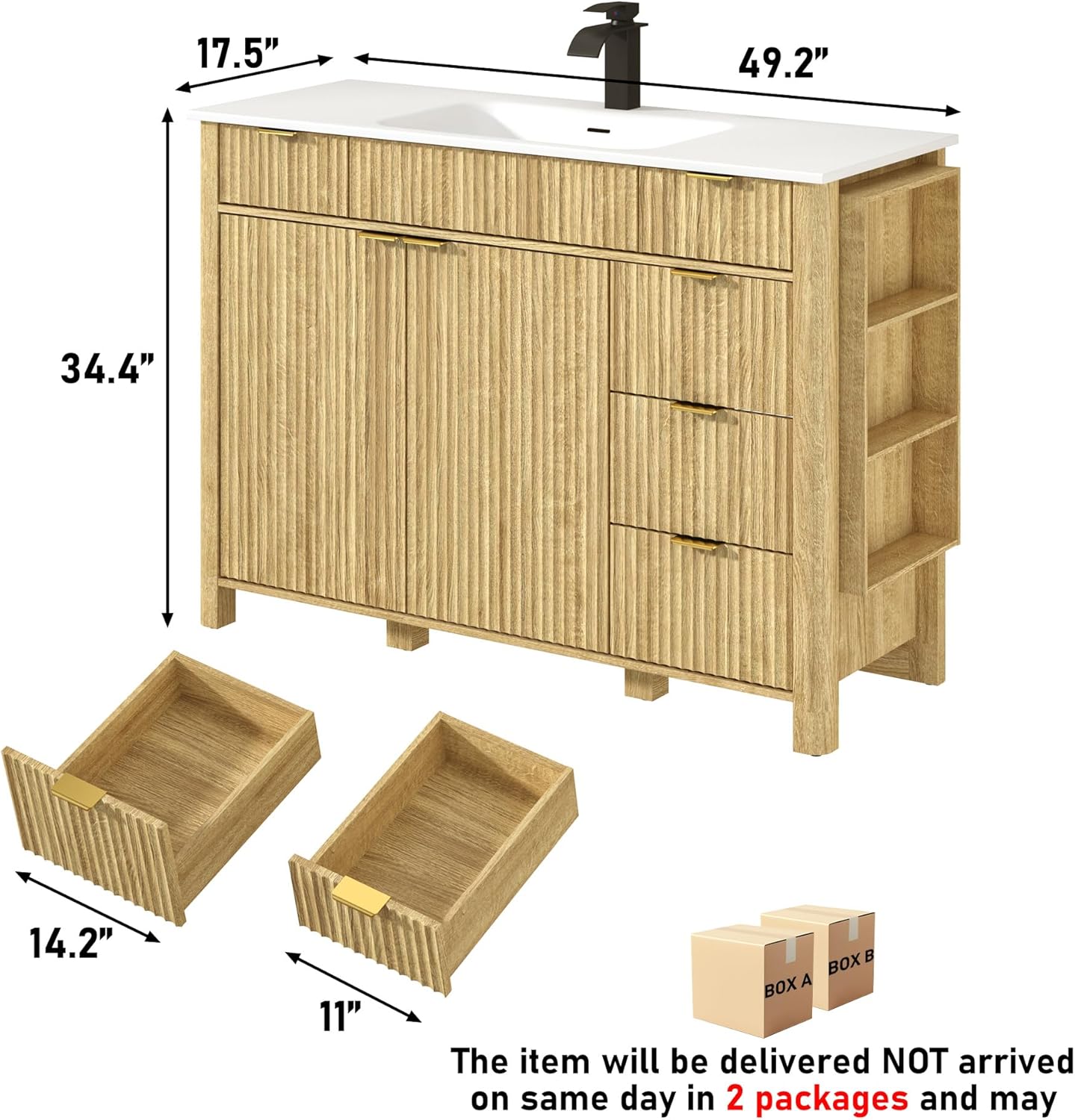 ANPOO 48" Bathroom Vanity with Sink & Faucet & Sewer Pipes, Mid-Century Modern Vanity with Basin and Fluted Soft-Close Doors, Freestanding Bath Storage Vanity Sink Combo Set
