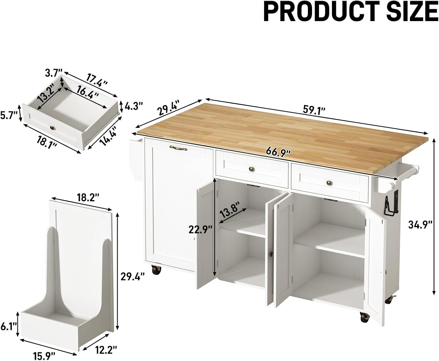ANPOO 67" Rolling Kitchen Island with Drop Leaf, Tilt Out Kitchen Trash Cabinet 10 Gallon Storage, Kitchen Cart Island with Rubber wood Top, Spice Rack and Drawers
