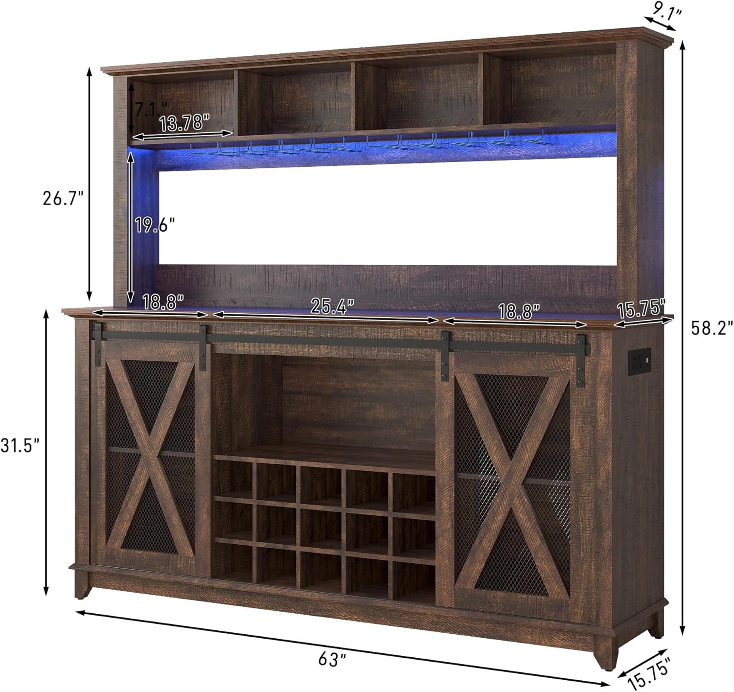 ANPOO 63"W Farmhouse Coffee Bar Cabinet with Power Outlet and LED Light, 58"H Wine Bar Cabinet with 4 Tier Storage Hutch, Kitchen Buffet Cabinet with 15 Wine and Glass Racks for Kitchen Dining Room