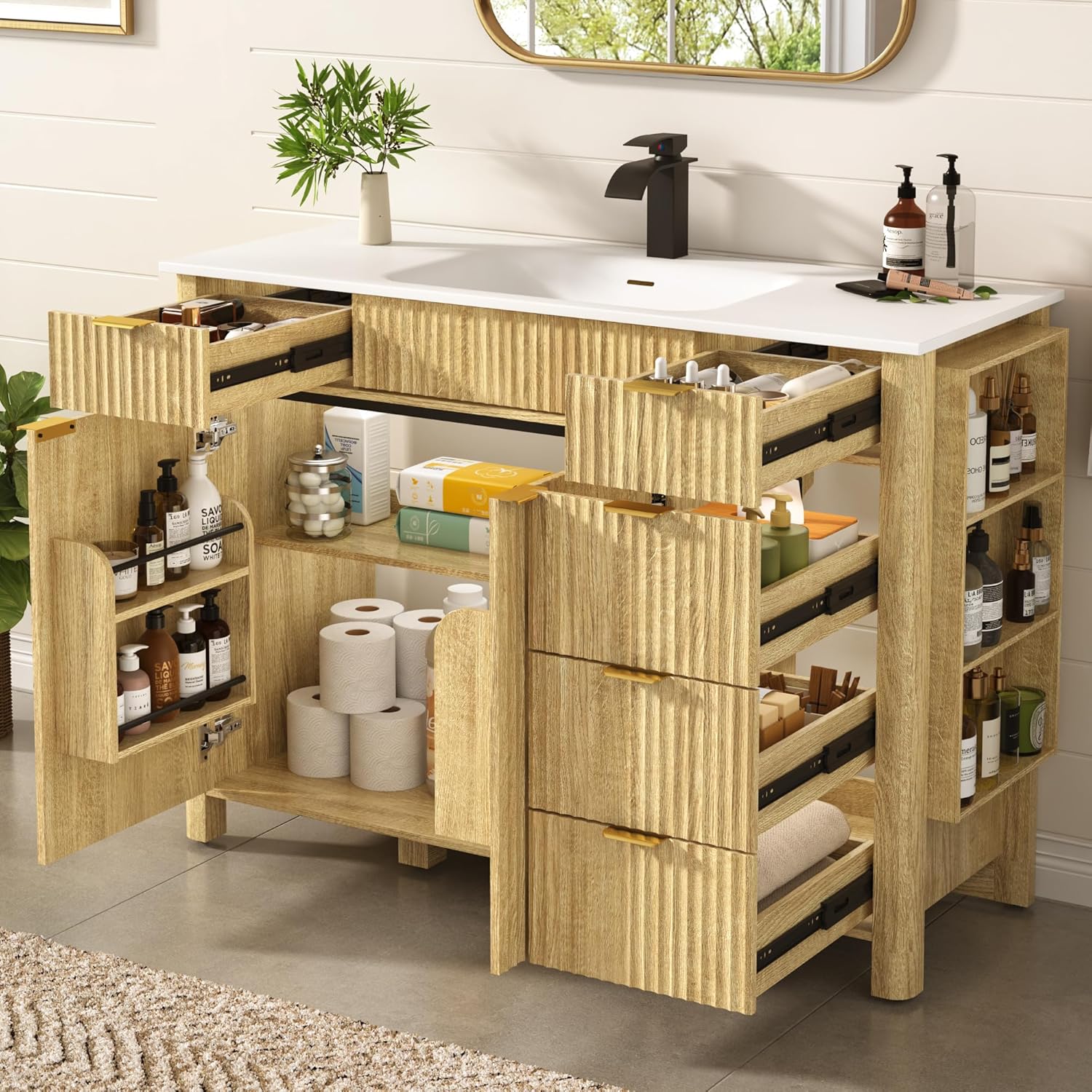 ANPOO 48" Bathroom Vanity with Sink & Faucet & Sewer Pipes, Mid-Century Modern Vanity with Basin and Fluted Soft-Close Doors, Freestanding Bath Storage Vanity Sink Combo Set