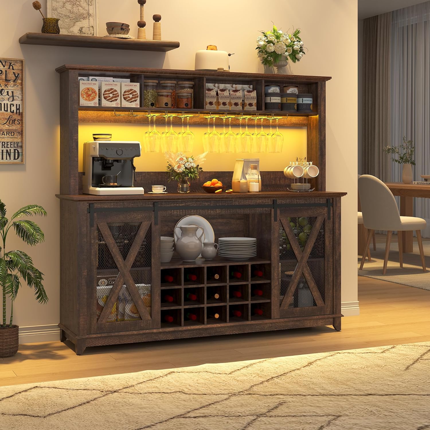 ANPOO 63"W Farmhouse Coffee Bar Cabinet with Power Outlet and LED Light, 58"H Wine Bar Cabinet with 4 Tier Storage Hutch, Kitchen Buffet Cabinet with 15 Wine and Glass Racks for Kitchen Dining Room
