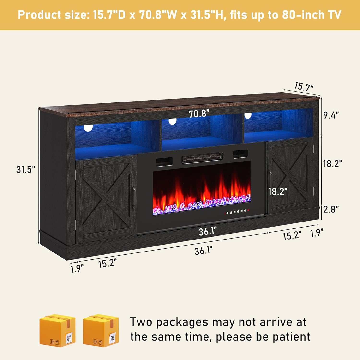 Fireplace TV Stand for 70/75/80 Inch TV with 36" Electric Fireplace, 70" Farmhouse Entertainment Center with LED Lights, Tall Media Console with Barn Door for Living Room, Bedroom
