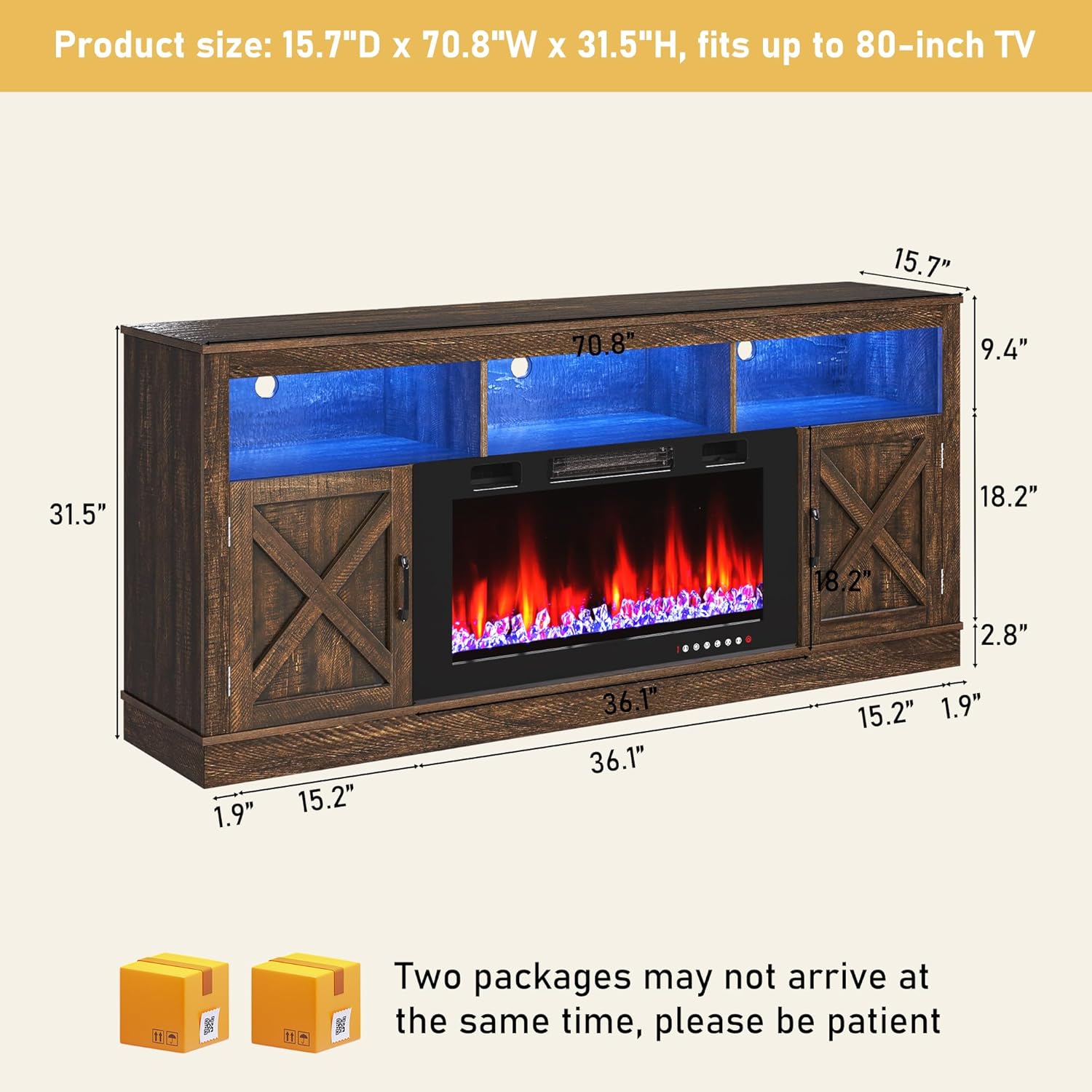 Fireplace TV Stand for 70/75/80 Inch TV with 36" Electric Fireplace, 70" Farmhouse Entertainment Center with LED Lights, Tall Media Console with Barn Door for Living Room, Bedroom
