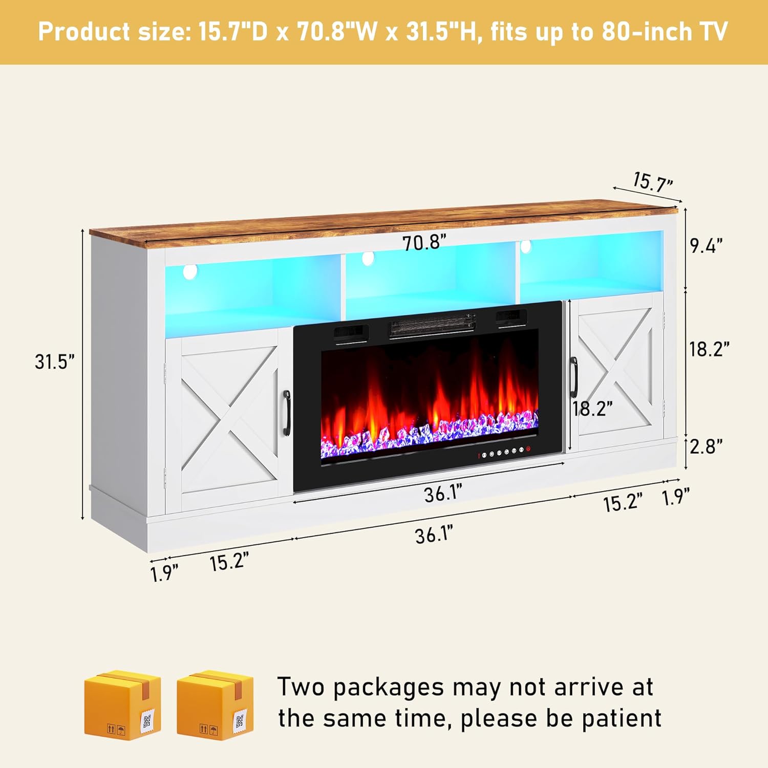 Fireplace TV Stand for 70/75/80 Inch TV with 36" Electric Fireplace, 70" Farmhouse Entertainment Center with LED Lights, Tall Media Console with Barn Door for Living Room, Bedroom
