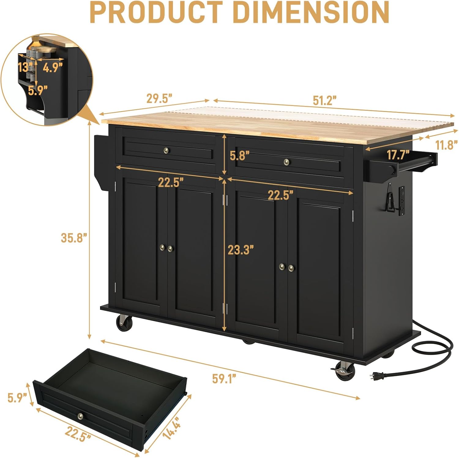 ANPOO 55" Movable Kitchen Island with Drop Leaf and Power Outlet, Rolling Kitchen Cart with Rubber wood Countertop, Island Table on Wheels for Kitchen w/2 Drawers, Spice Rack, Adjustable Shelves
