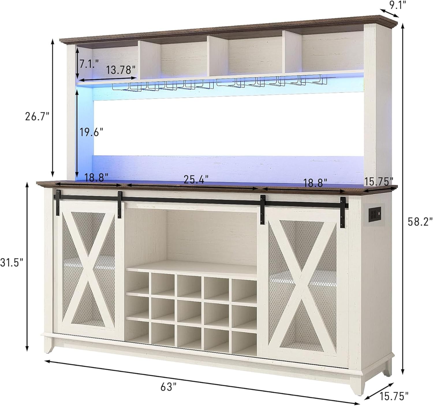 ANPOO 63"W Farmhouse Coffee Bar Cabinet with Power Outlet and LED Light, 58"H Wine Bar Cabinet with 4 Tier Storage Hutch, Kitchen Buffet Cabinet with 15 Wine and Glass Racks for Kitchen Dining Room