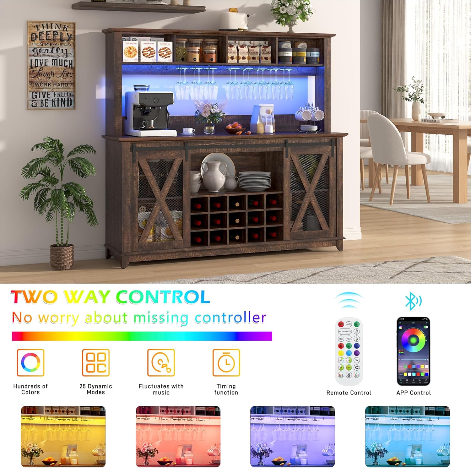 ANPOO 63"W Farmhouse Coffee Bar Cabinet with Power Outlet and LED Light, 58"H Wine Bar Cabinet with 4 Tier Storage Hutch, Kitchen Buffet Cabinet with 15 Wine and Glass Racks for Kitchen Dining Room