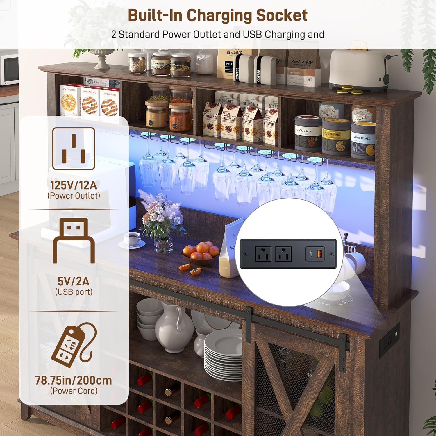 ANPOO 63"W Farmhouse Coffee Bar Cabinet with Power Outlet and LED Light, 58"H Wine Bar Cabinet with 4 Tier Storage Hutch, Kitchen Buffet Cabinet with 15 Wine and Glass Racks for Kitchen Dining Room