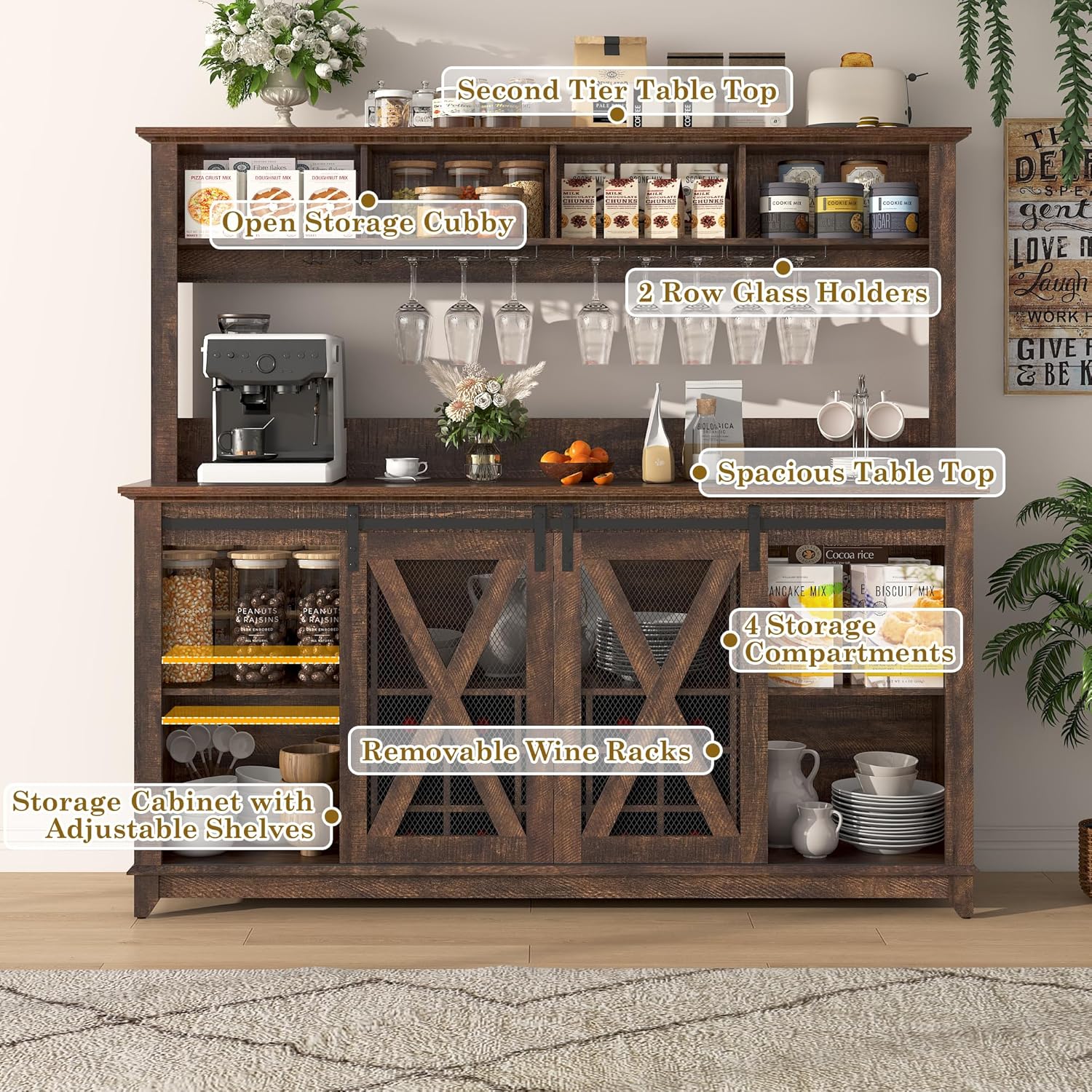 ANPOO 63"W Farmhouse Coffee Bar Cabinet with Power Outlet and LED Light, 58"H Wine Bar Cabinet with 4 Tier Storage Hutch, Kitchen Buffet Cabinet with 15 Wine and Glass Racks for Kitchen Dining Room