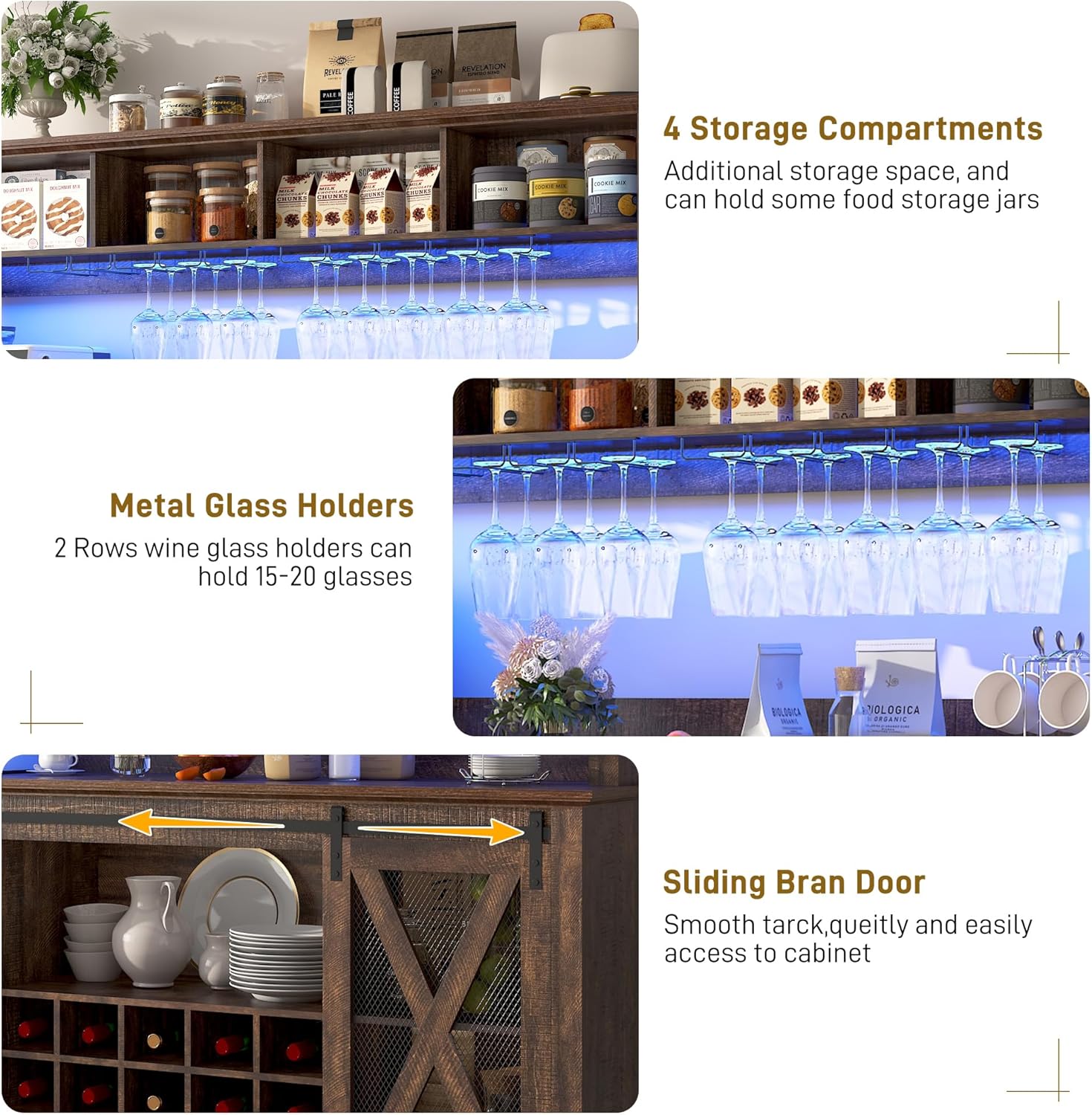 ANPOO 63"W Farmhouse Coffee Bar Cabinet with Power Outlet and LED Light, 58"H Wine Bar Cabinet with 4 Tier Storage Hutch, Kitchen Buffet Cabinet with 15 Wine and Glass Racks for Kitchen Dining Room