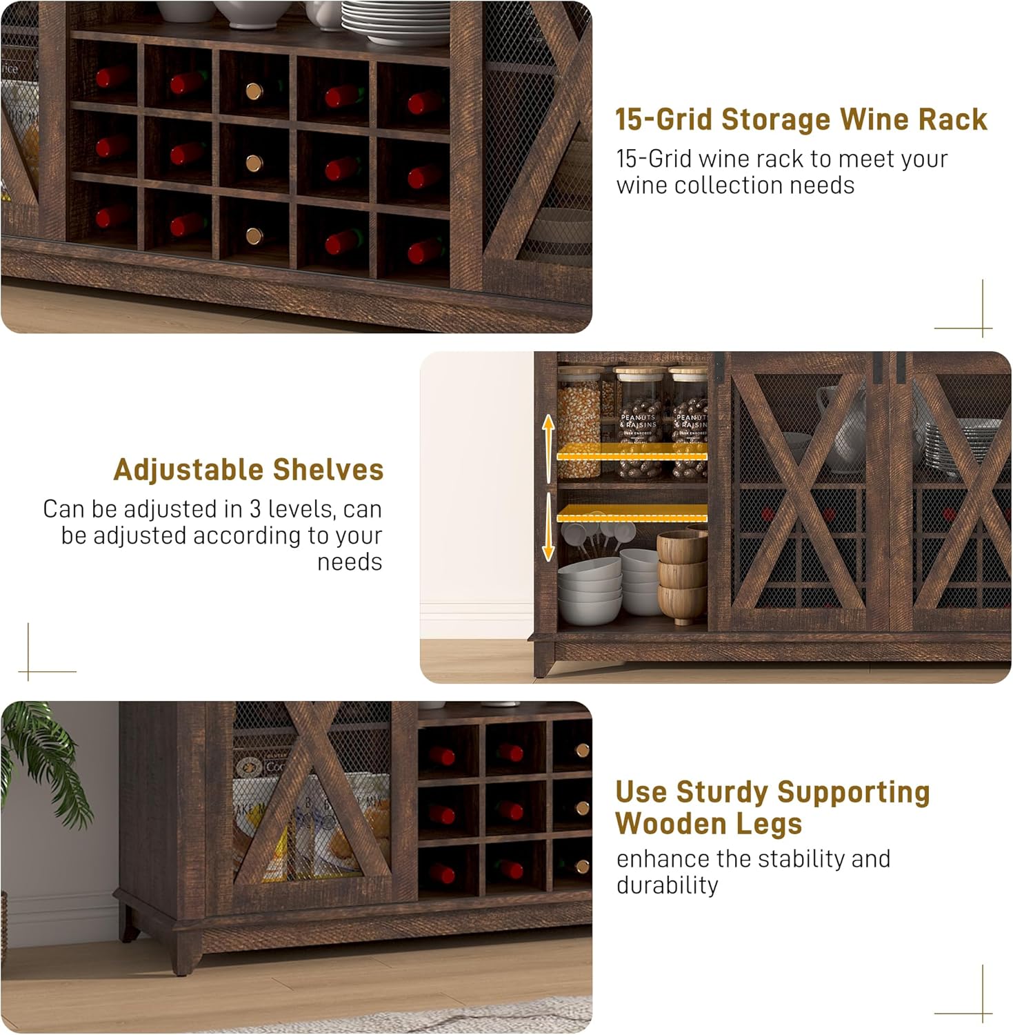 ANPOO 63"W Farmhouse Coffee Bar Cabinet with Power Outlet and LED Light, 58"H Wine Bar Cabinet with 4 Tier Storage Hutch, Kitchen Buffet Cabinet with 15 Wine and Glass Racks for Kitchen Dining Room
