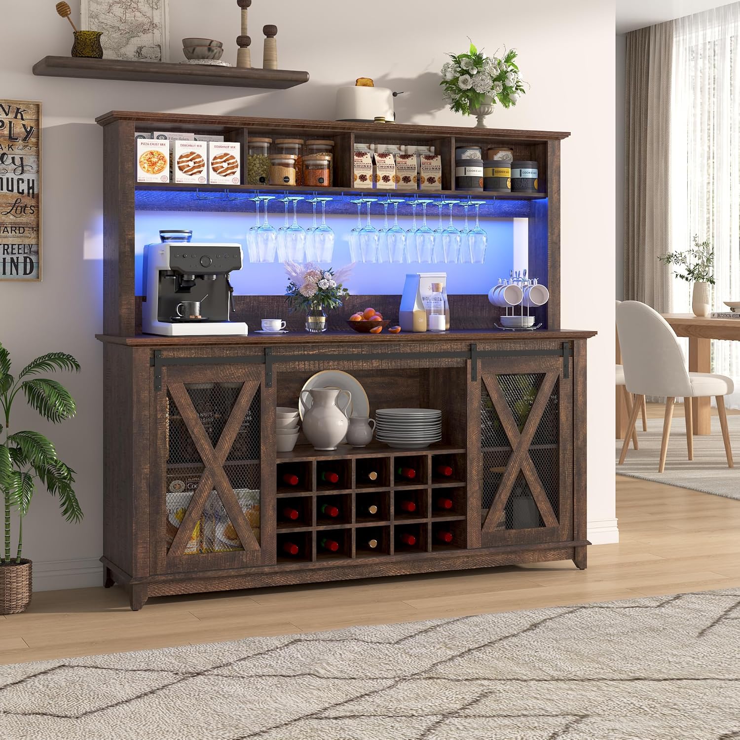 ANPOO 63"W Farmhouse Coffee Bar Cabinet with Power Outlet and LED Light, 58"H Wine Bar Cabinet with 4 Tier Storage Hutch, Kitchen Buffet Cabinet with 15 Wine and Glass Racks for Kitchen Dining Room