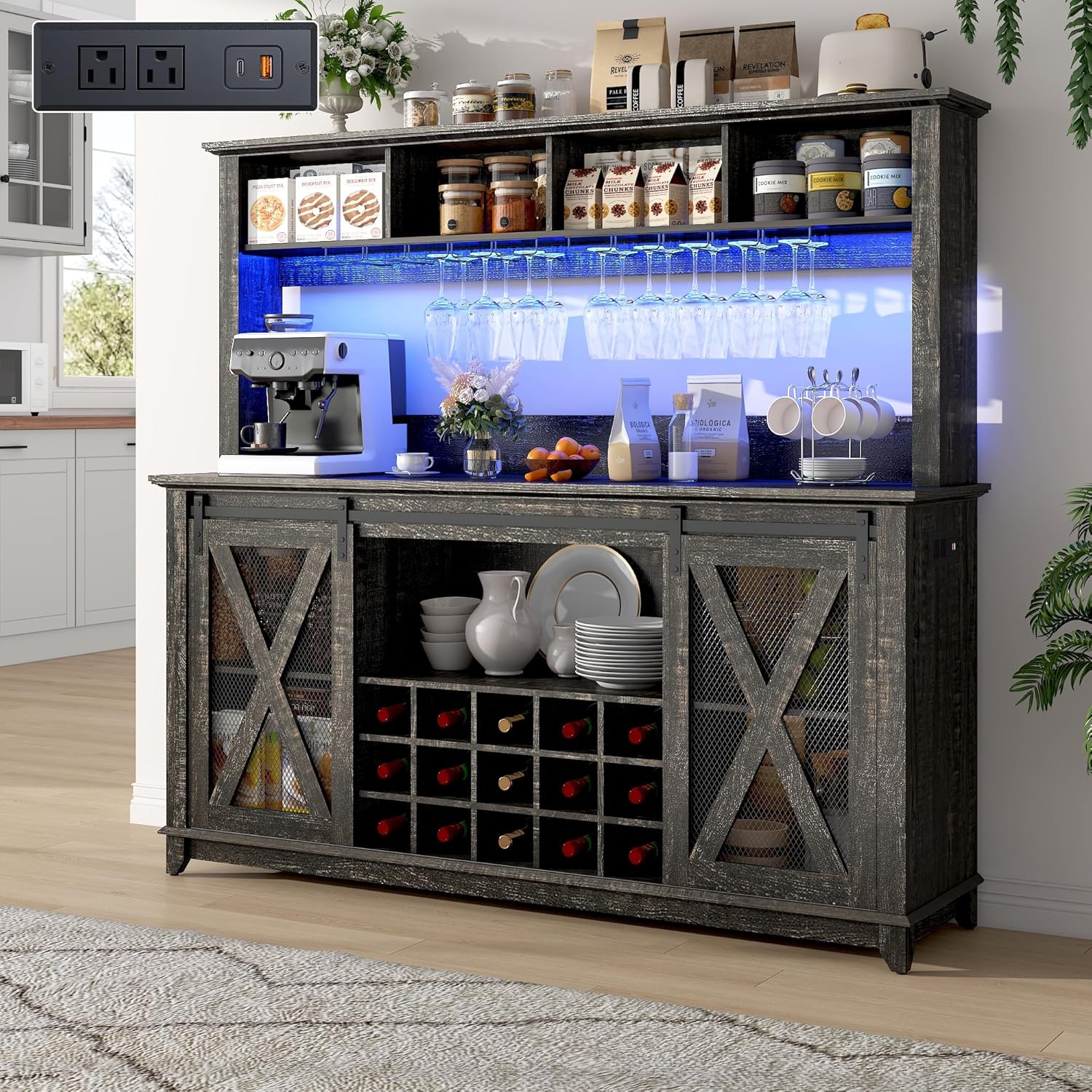 ANPOO 63"W Farmhouse Coffee Bar Cabinet with Power Outlet and LED Light, 58"H Wine Bar Cabinet with 4 Tier Storage Hutch, Kitchen Buffet Cabinet with 15 Wine and Glass Racks for Kitchen Dining Room