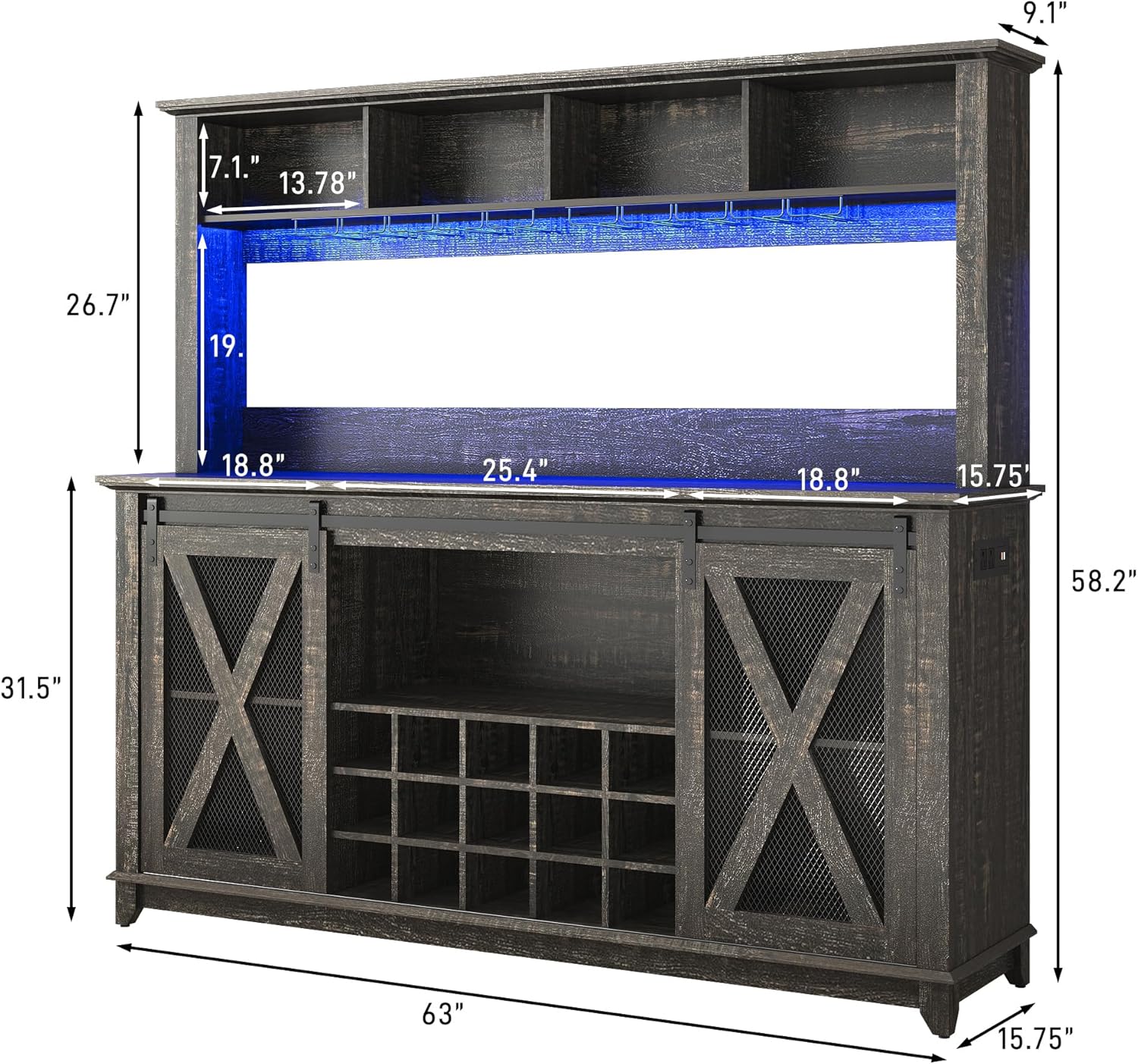 ANPOO 63"W Farmhouse Coffee Bar Cabinet with Power Outlet and LED Light, 58"H Wine Bar Cabinet with 4 Tier Storage Hutch, Kitchen Buffet Cabinet with 15 Wine and Glass Racks for Kitchen Dining Room