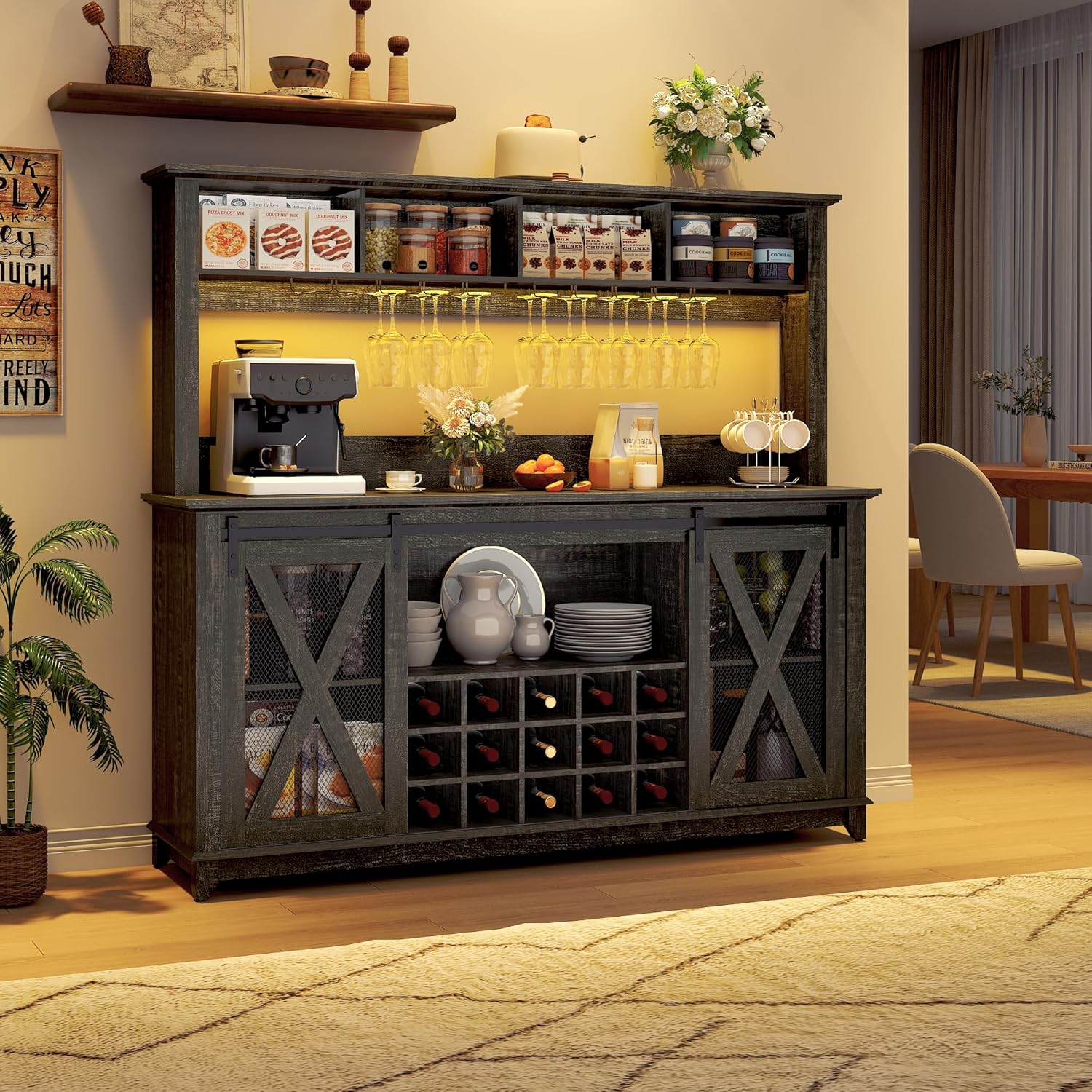 ANPOO 63"W Farmhouse Coffee Bar Cabinet with Power Outlet and LED Light, 58"H Wine Bar Cabinet with 4 Tier Storage Hutch, Kitchen Buffet Cabinet with 15 Wine and Glass Racks for Kitchen Dining Room