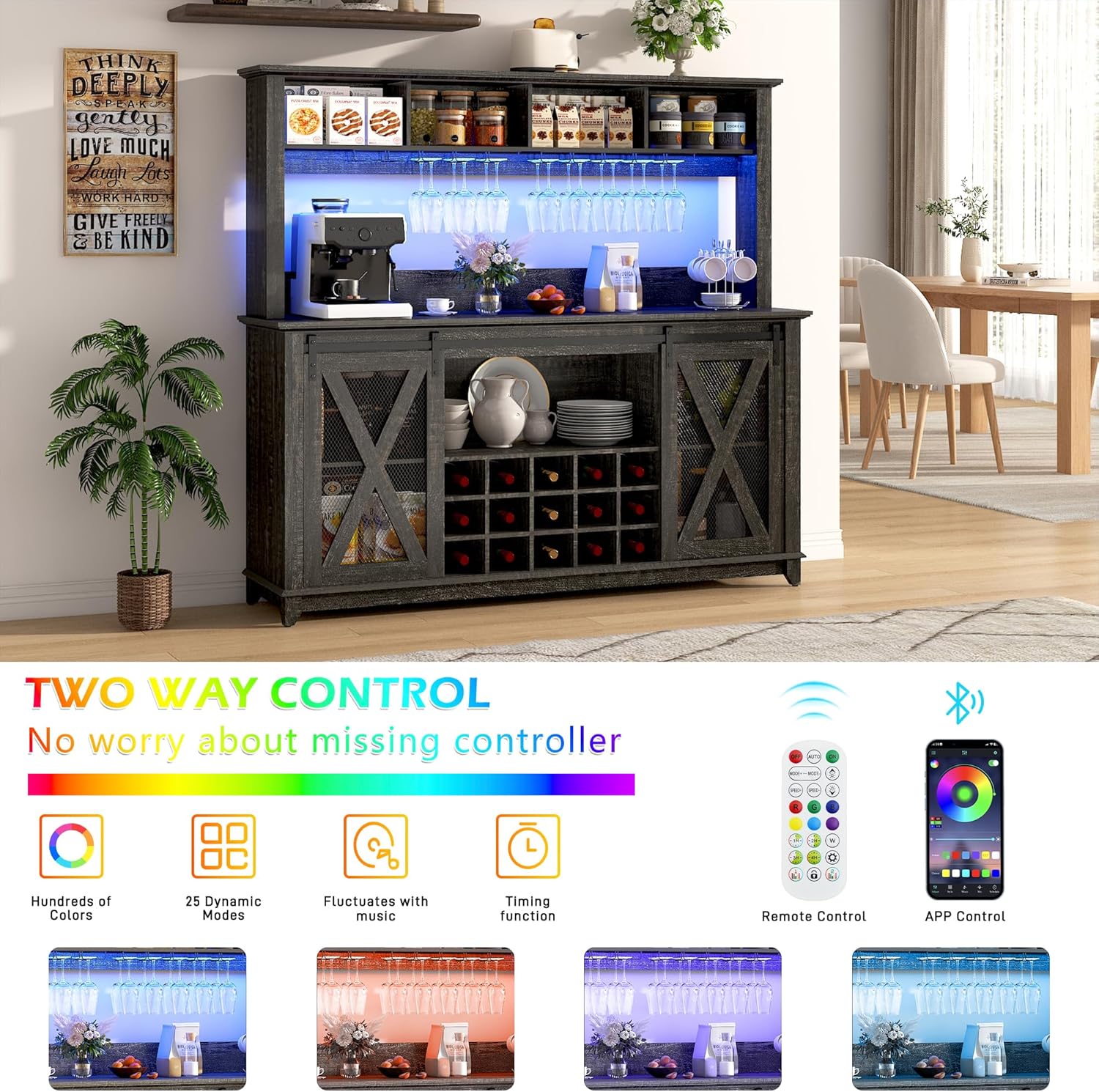 ANPOO 63"W Farmhouse Coffee Bar Cabinet with Power Outlet and LED Light, 58"H Wine Bar Cabinet with 4 Tier Storage Hutch, Kitchen Buffet Cabinet with 15 Wine and Glass Racks for Kitchen Dining Room