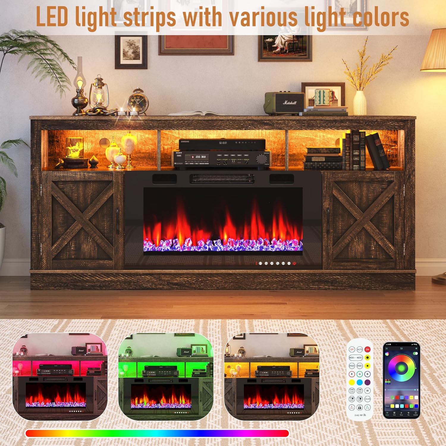 Fireplace TV Stand for 70/75/80 Inch TV with 36" Electric Fireplace, 70" Farmhouse Entertainment Center with LED Lights, Tall Media Console with Barn Door for Living Room, Bedroom