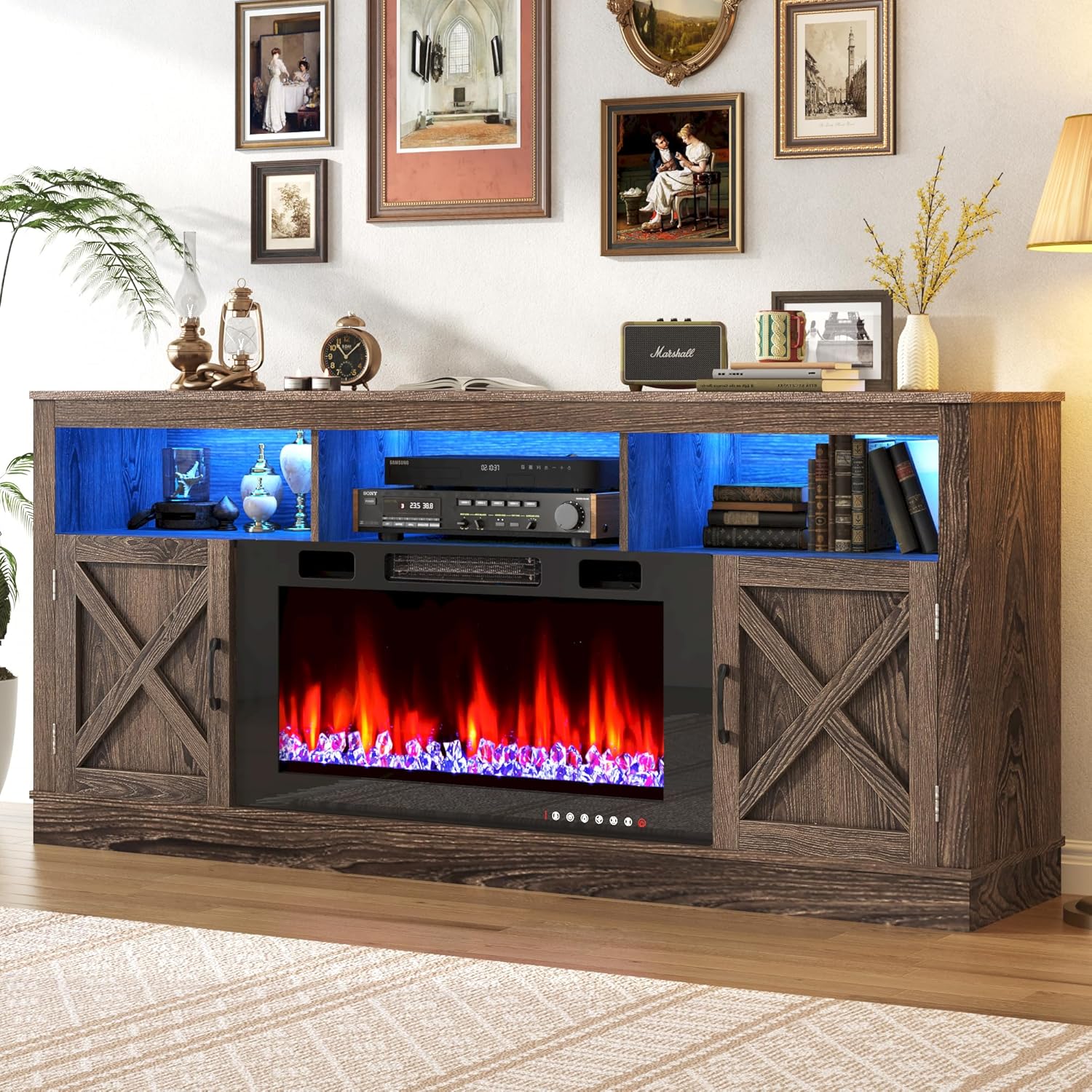 Fireplace TV Stand for 70/75/80 Inch TV with 36" Electric Fireplace, 70" Farmhouse Entertainment Center with LED Lights, Tall Media Console with Barn Door for Living Room, Bedroom