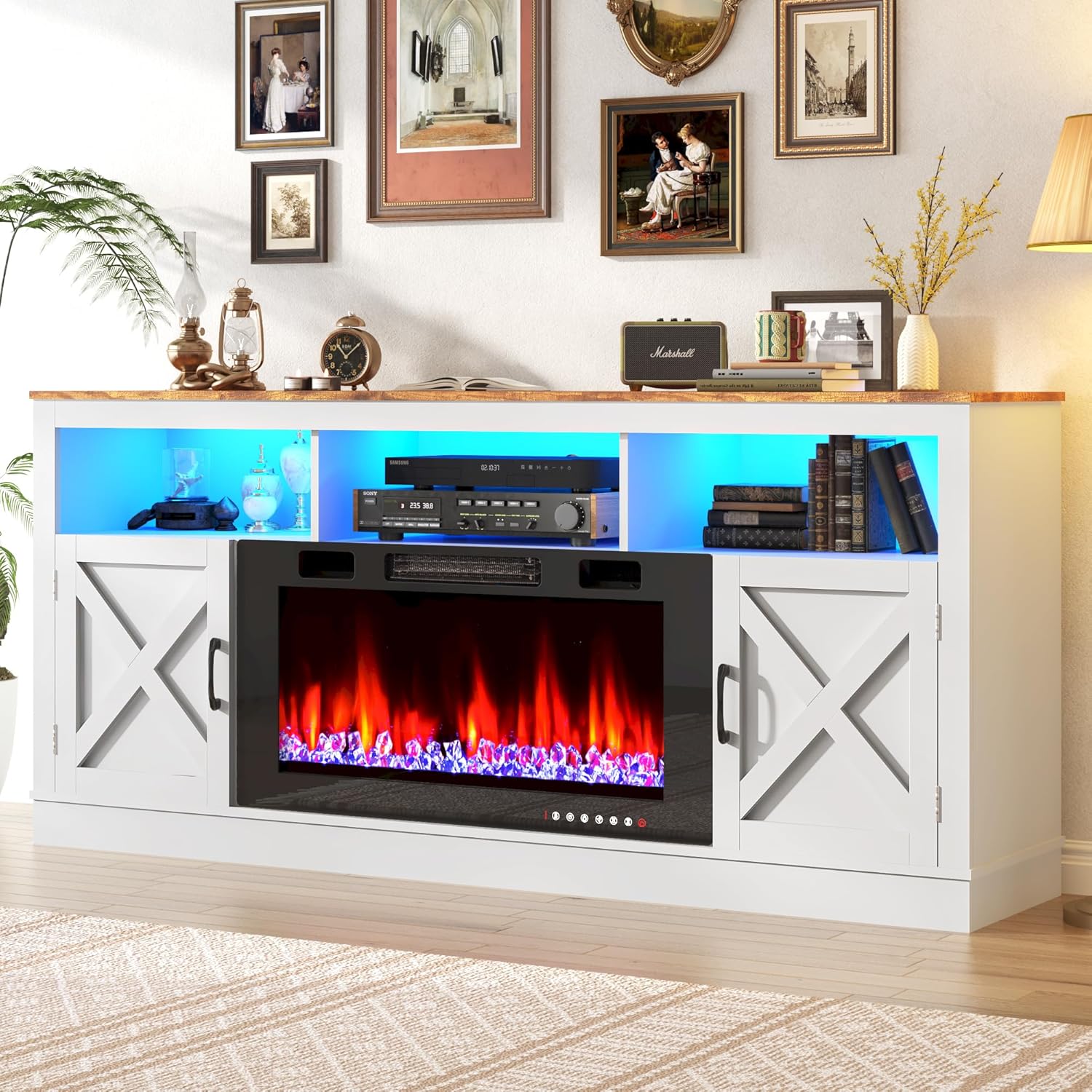 Fireplace TV Stand for 70/75/80 Inch TV with 36" Electric Fireplace, 70" Farmhouse Entertainment Center with LED Lights, Tall Media Console with Barn Door for Living Room, Bedroom