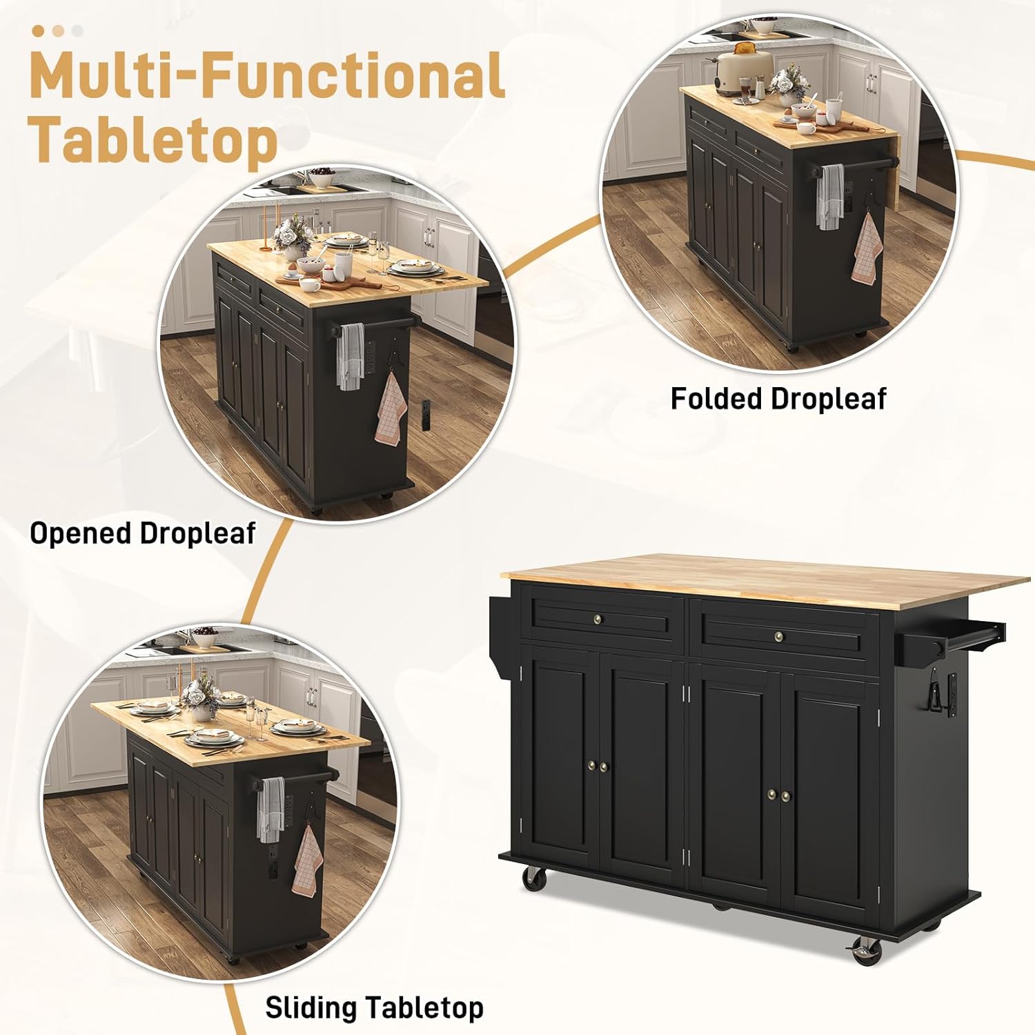 ANPOO 55" Movable Kitchen Island with Drop Leaf and Power Outlet, Rolling Kitchen Cart with Rubber wood Countertop, Island Table on Wheels for Kitchen w/2 Drawers, Spice Rack, Adjustable Shelves