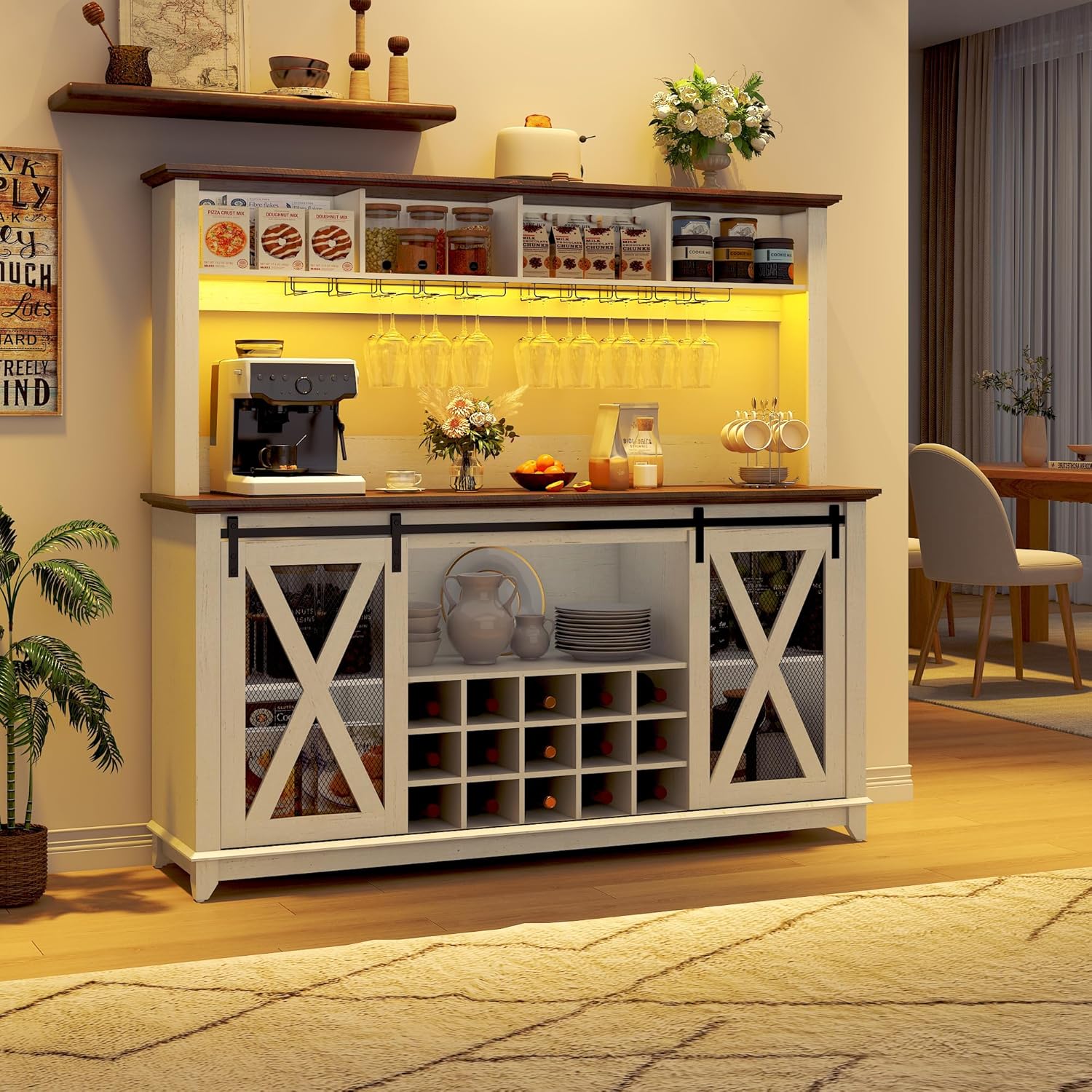 ANPOO 63"W Farmhouse Coffee Bar Cabinet with Power Outlet and LED Light, 58"H Wine Bar Cabinet with 4 Tier Storage Hutch, Kitchen Buffet Cabinet with 15 Wine and Glass Racks for Kitchen Dining Room