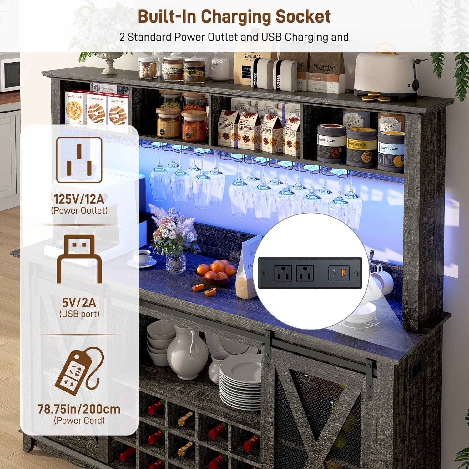 ANPOO 63"W Farmhouse Coffee Bar Cabinet with Power Outlet and LED Light, 58"H Wine Bar Cabinet with 4 Tier Storage Hutch, Kitchen Buffet Cabinet with 15 Wine and Glass Racks for Kitchen Dining Room