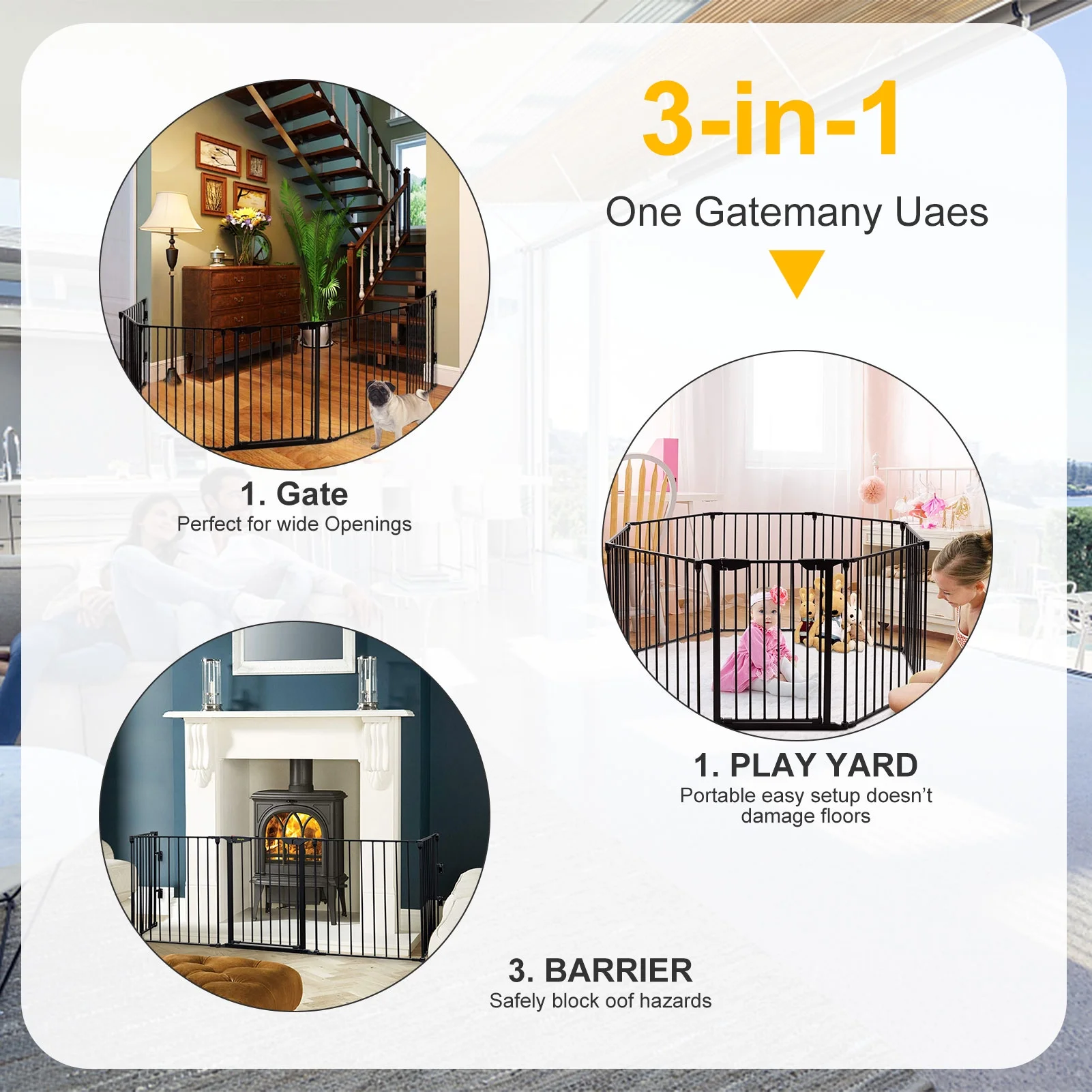 ANPOO 3-in-1 Child Gate, 118'' Extra Wide Dog Gate for House, Stairs, Fireplace, 30'' Tall Safety Play Yard with Door, Metal Pet Gate for Child & Pets, No Drill Easy Install, Fits 72''-118'' Openings