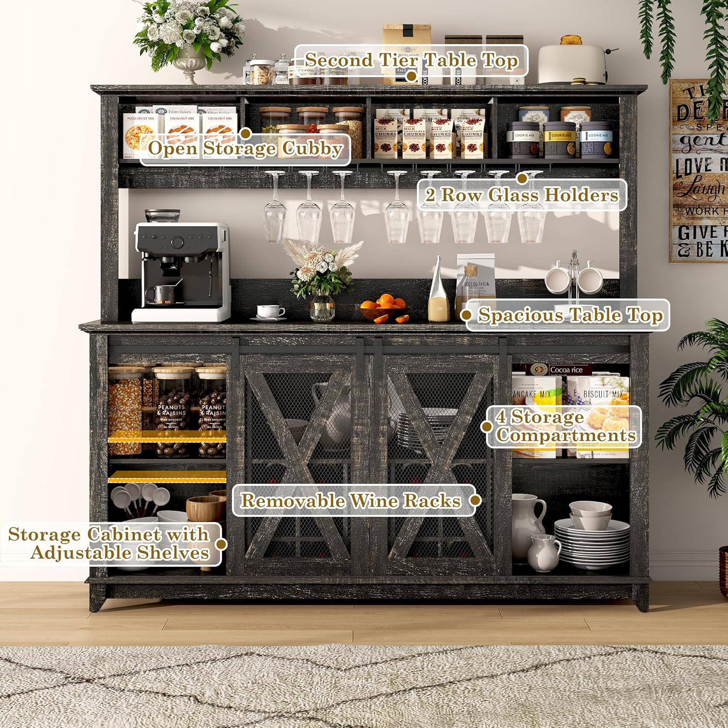 ANPOO 63"W Farmhouse Coffee Bar Cabinet with Power Outlet and LED Light, 58"H Wine Bar Cabinet with 4 Tier Storage Hutch, Kitchen Buffet Cabinet with 15 Wine and Glass Racks for Kitchen Dining Room