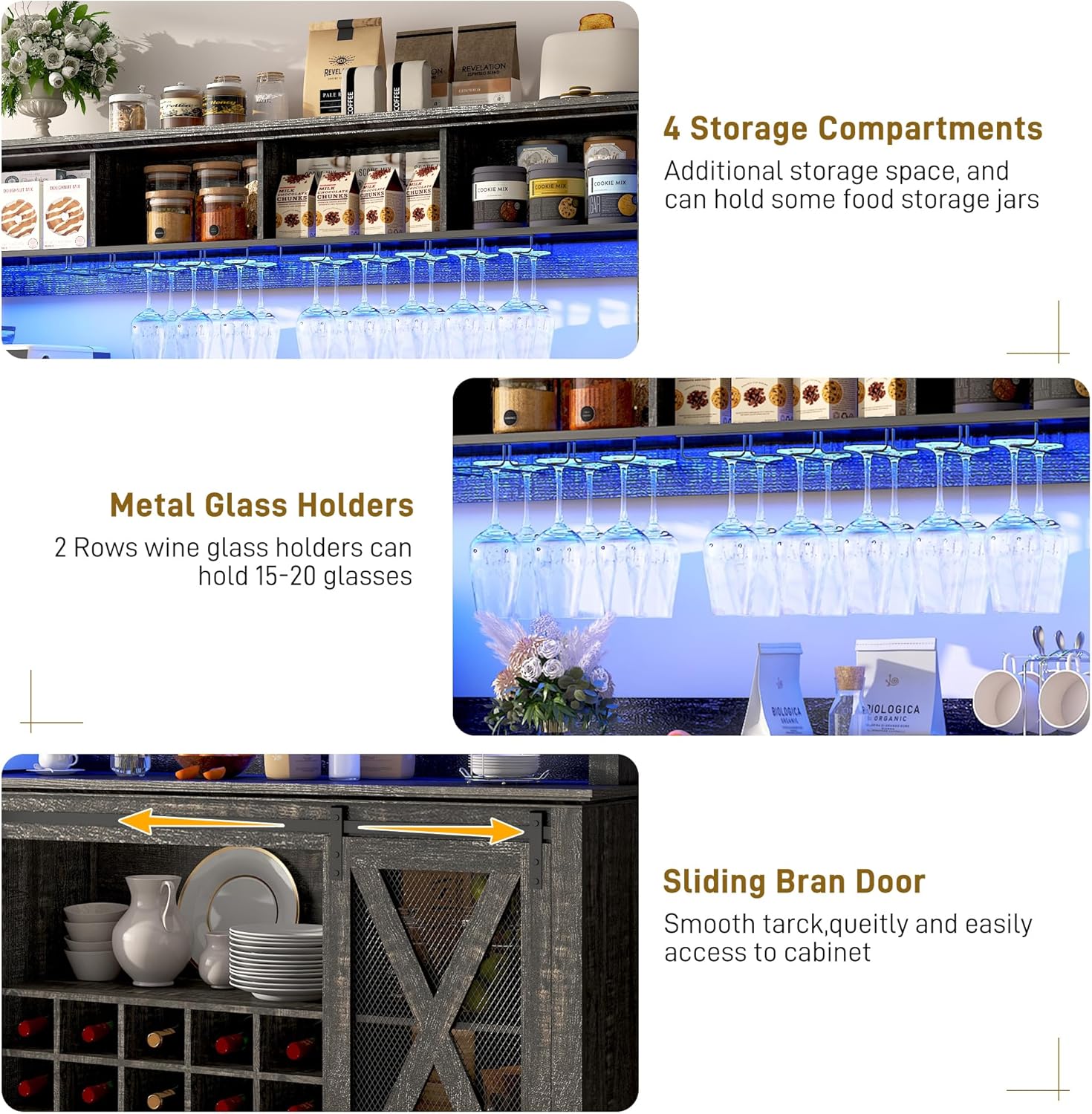 ANPOO 63"W Farmhouse Coffee Bar Cabinet with Power Outlet and LED Light, 58"H Wine Bar Cabinet with 4 Tier Storage Hutch, Kitchen Buffet Cabinet with 15 Wine and Glass Racks for Kitchen Dining Room