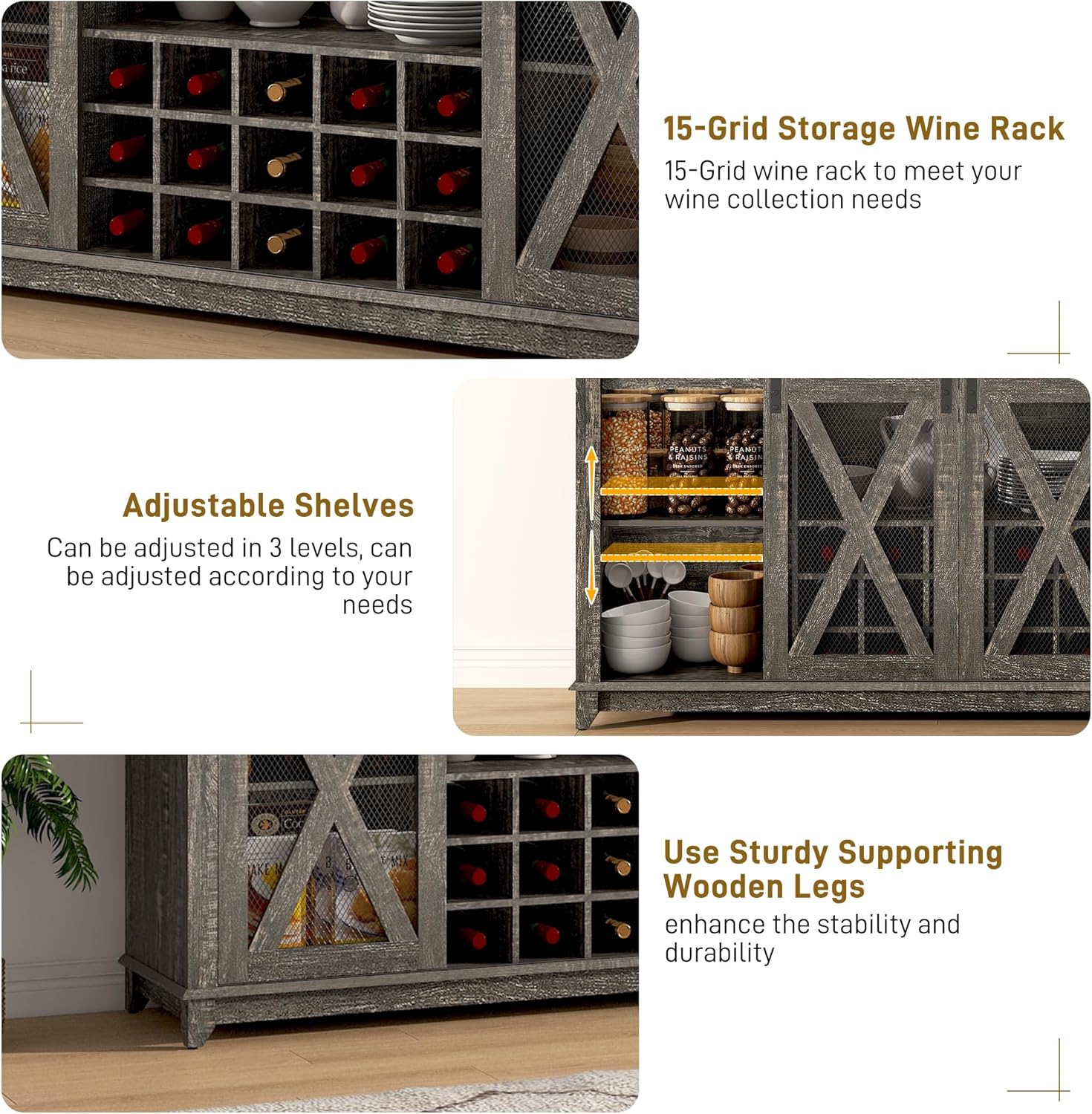 ANPOO 63"W Farmhouse Coffee Bar Cabinet with Power Outlet and LED Light, 58"H Wine Bar Cabinet with 4 Tier Storage Hutch, Kitchen Buffet Cabinet with 15 Wine and Glass Racks for Kitchen Dining Room