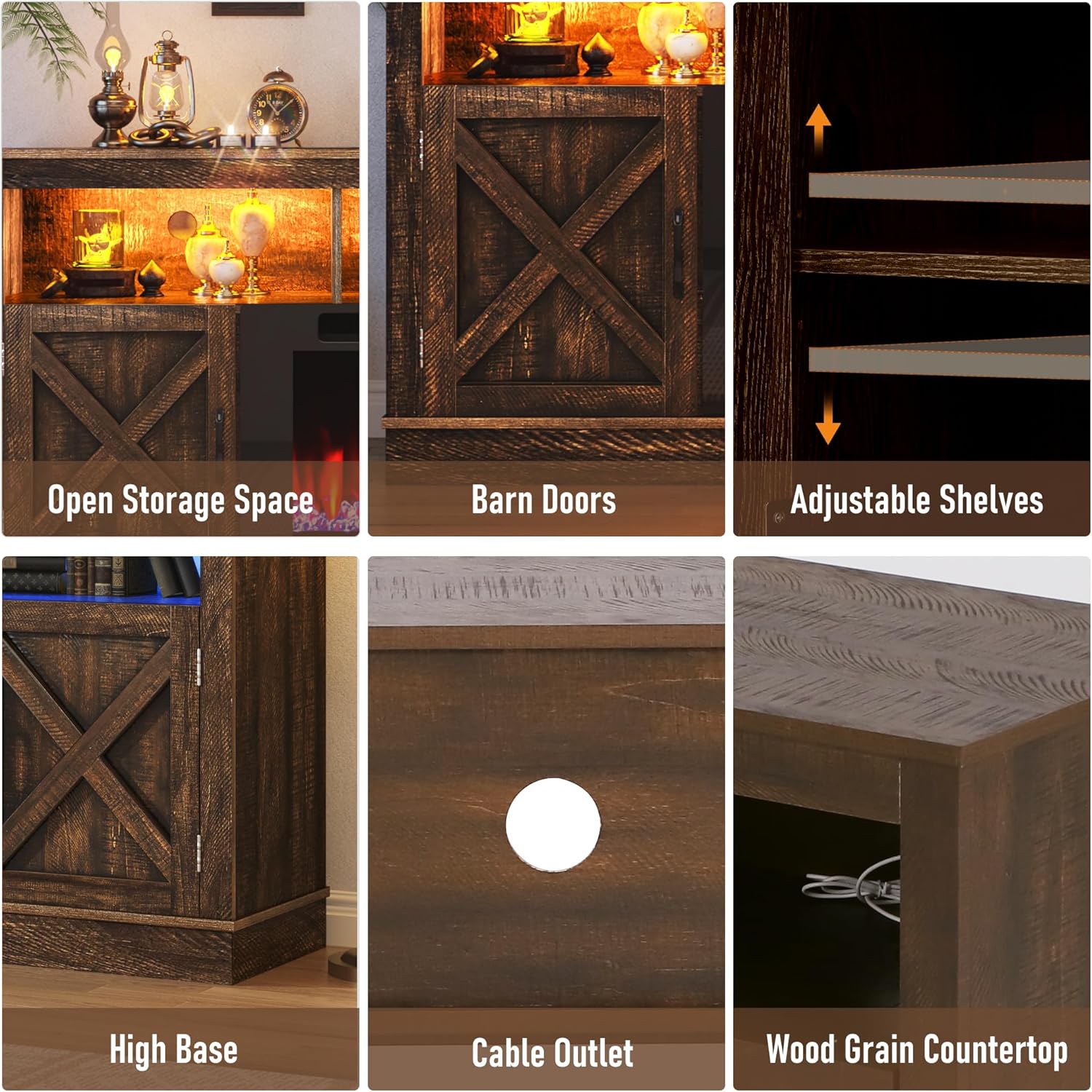 Fireplace TV Stand for 70/75/80 Inch TV with 36" Electric Fireplace, 70" Farmhouse Entertainment Center with LED Lights, Tall Media Console with Barn Door for Living Room, Bedroom
