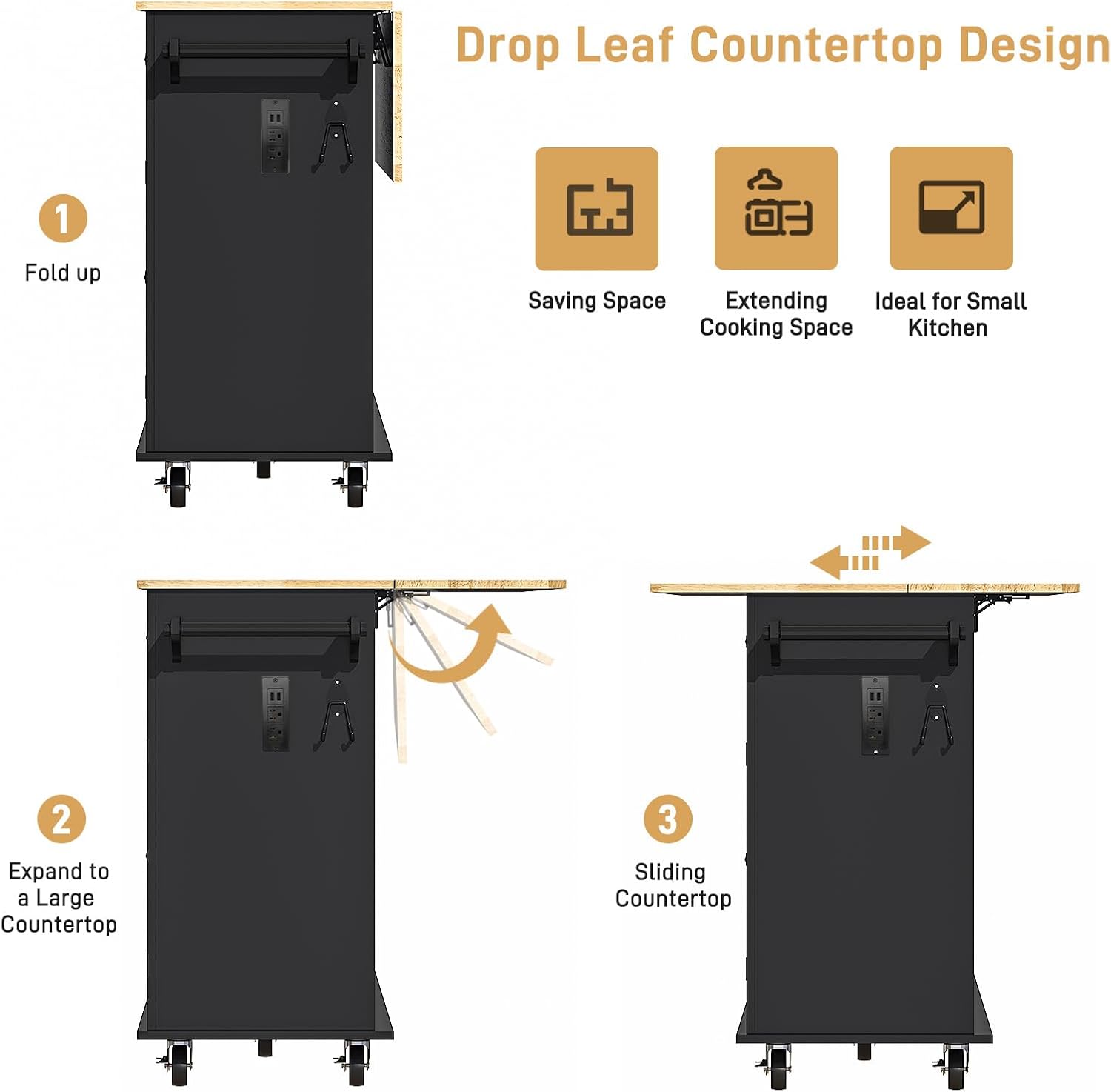 ANPOO 55" Movable Kitchen Island with Drop Leaf and Power Outlet, Rolling Kitchen Cart with Rubber wood Countertop, Island Table on Wheels for Kitchen w/2 Drawers, Spice Rack, Adjustable Shelves