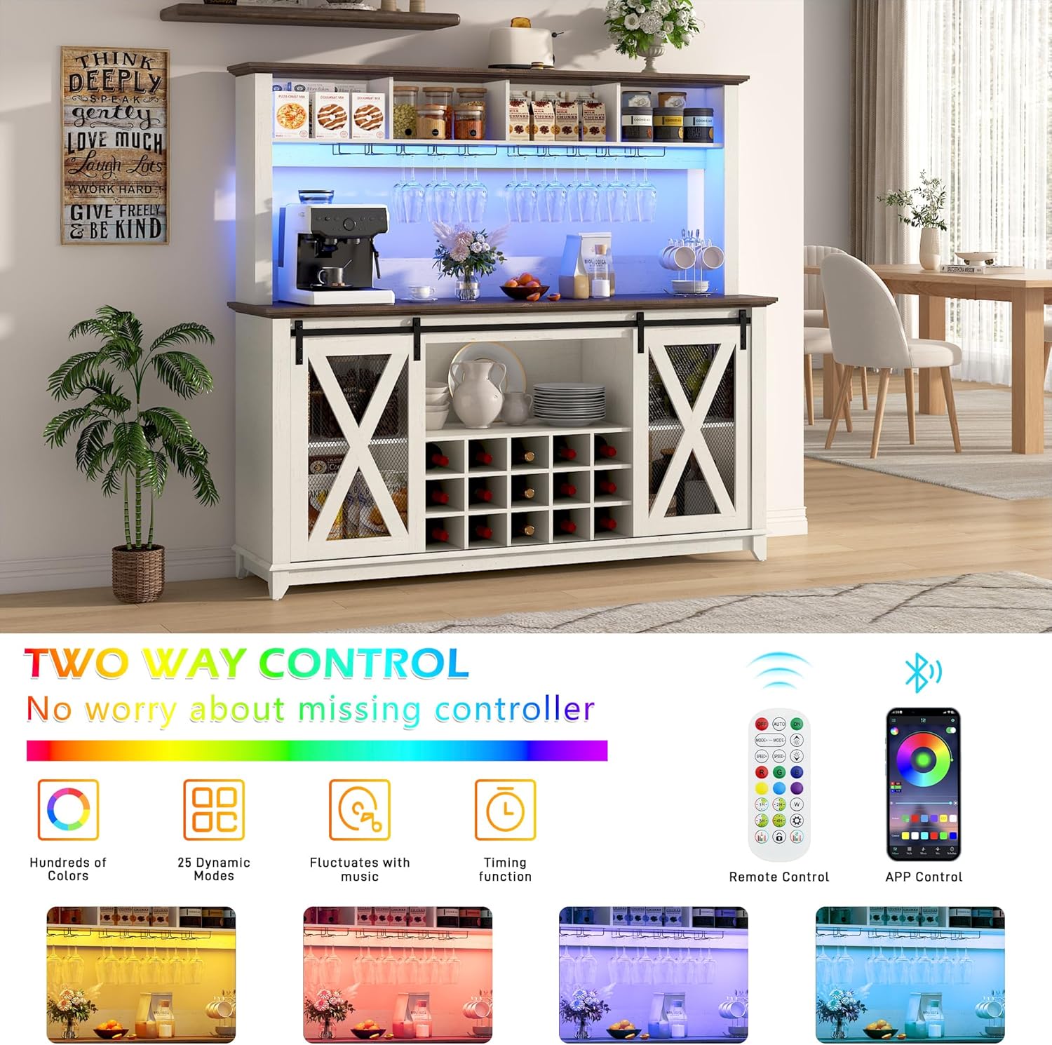 ANPOO 63"W Farmhouse Coffee Bar Cabinet with Power Outlet and LED Light, 58"H Wine Bar Cabinet with 4 Tier Storage Hutch, Kitchen Buffet Cabinet with 15 Wine and Glass Racks for Kitchen Dining Room